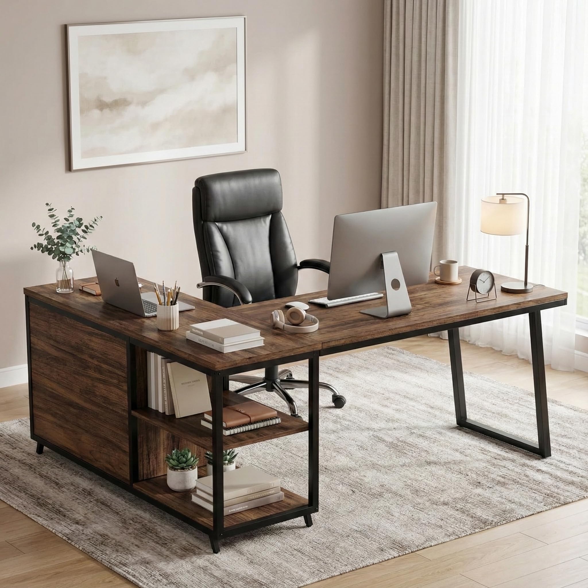 Lailang 134cm Scrivania, Tavolo Angolare, Scrivania Con Cassetti, Scrivania In Legno, Scrivania Studio Casa, Scrittoio Vintage, 134 x 50 x 74 cm, Marrone Rustico Nero