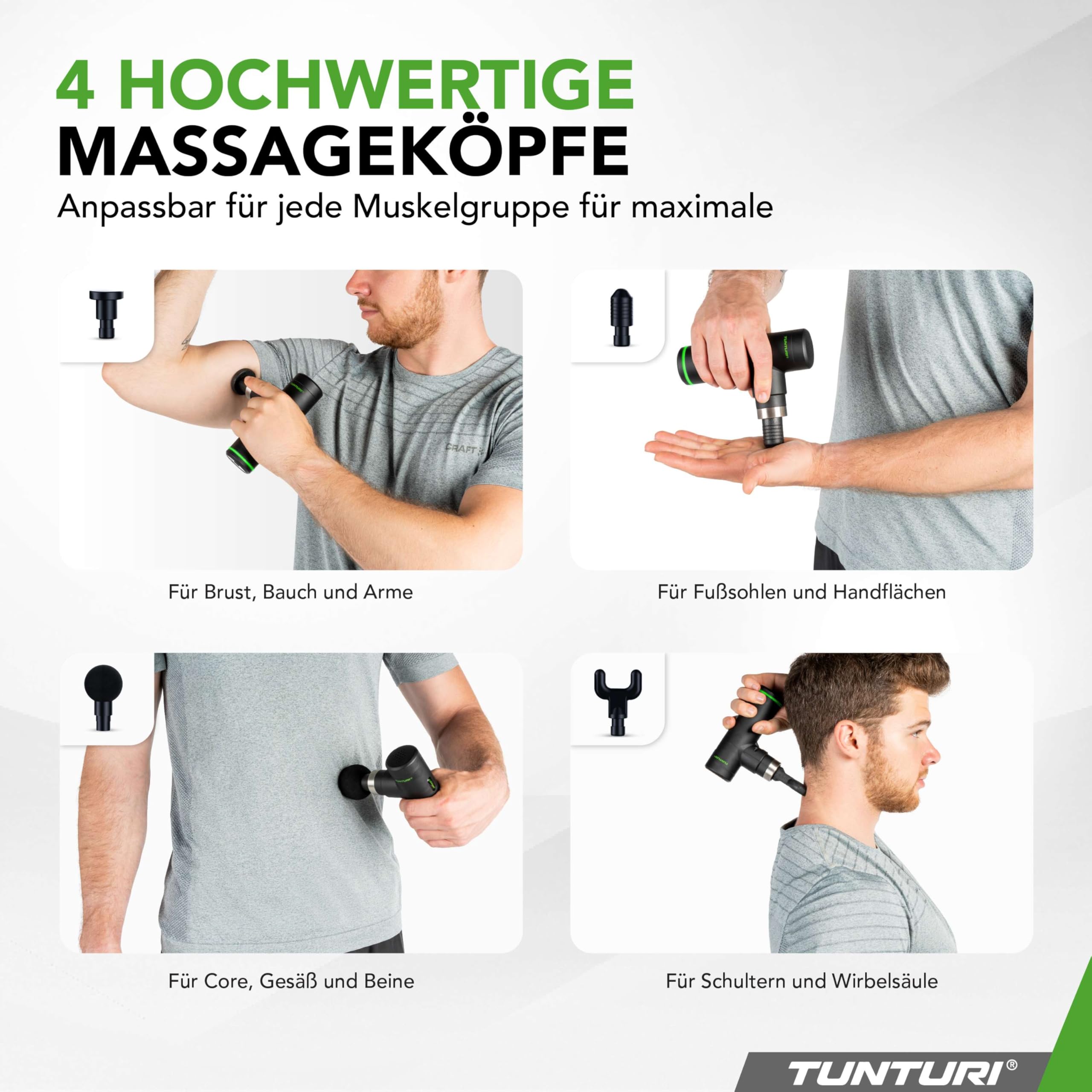 Tunturi MG30 Massagepistole Mini, Taschenformat, ultraleise Massage Pistole, Massage gun, Entspannung und Massage, Massagegerät mit 6 Geschwindigkeiten, 4 Kopfstücke