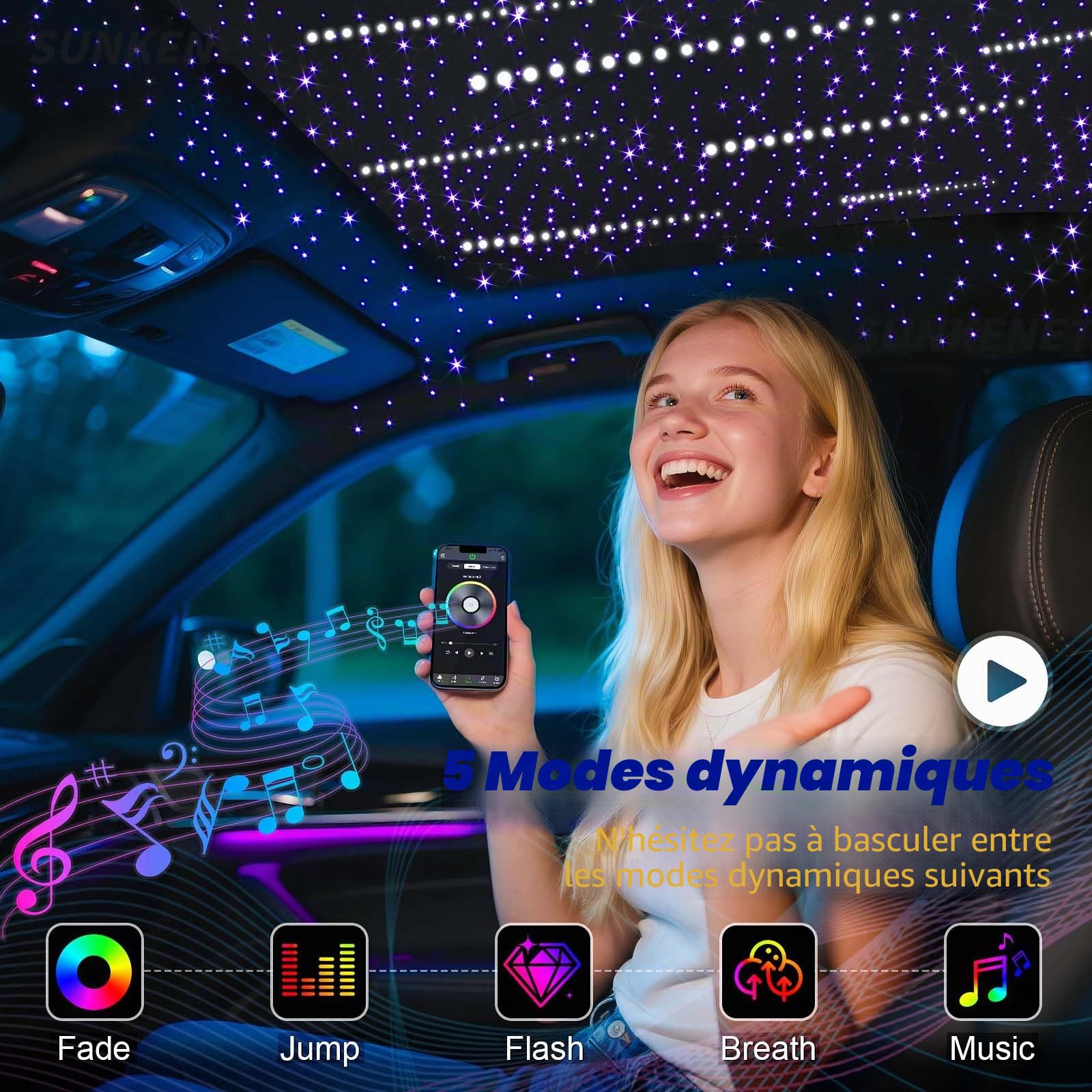 18W Twinkle&Meteor 2-in-1 RGBW Ciel Etoile Voiture, 1000pcs*0.75mm*3m+Shooting Star Light Kit avec Bluetooth/Télécommande, Fibre Optique Lumineuse+Adaptateur+Prise pour Voiture/Maison