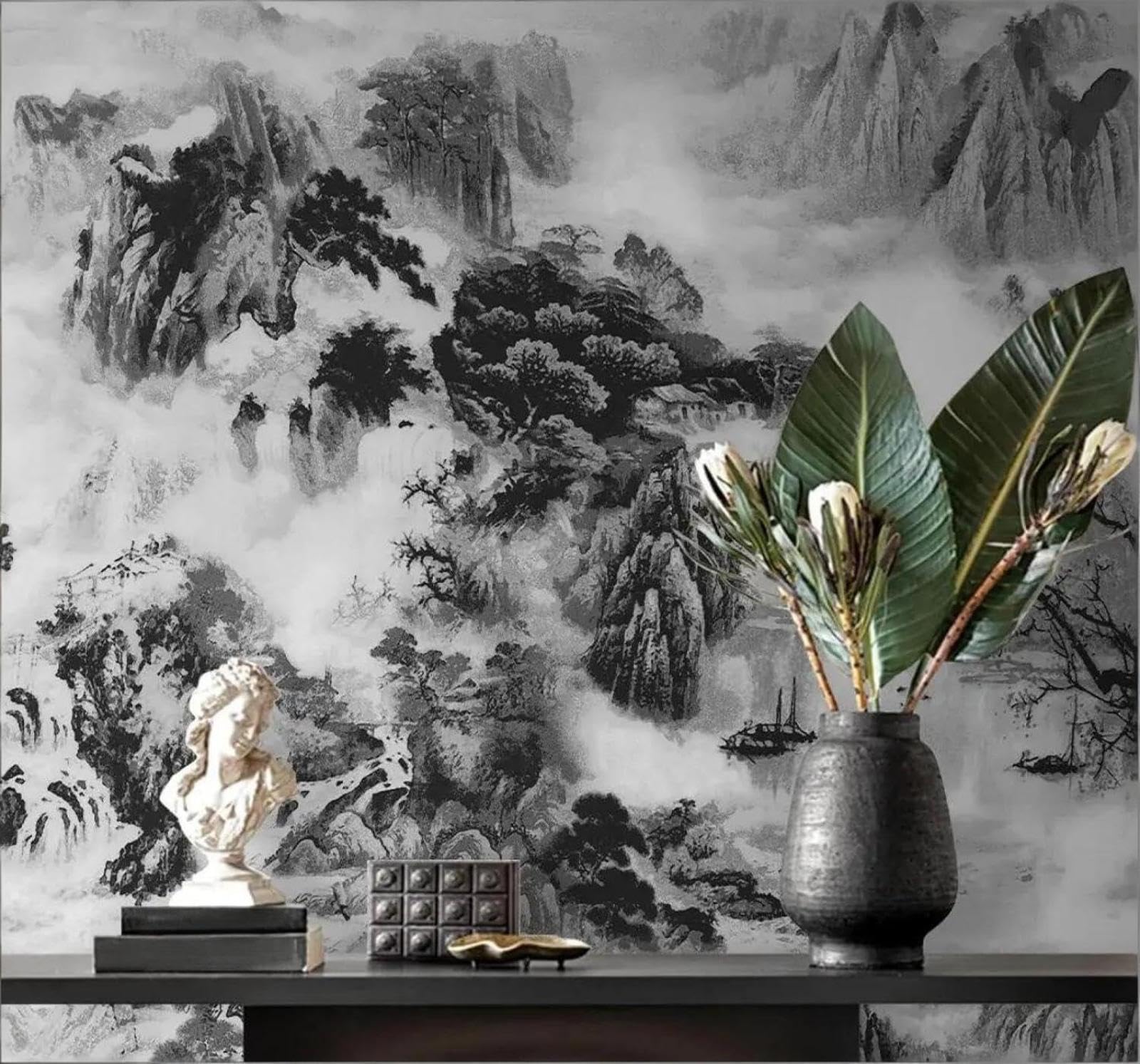 Tzxztt 250Cm×170Cm(B×H) Hand Drawn Black And White Ink Wash Landscape Scenery Modern 3D Wallpaper Premium Textured Silk Neutral Tones Material Ideal For Living Room Bedroom-250Cm×170Cm