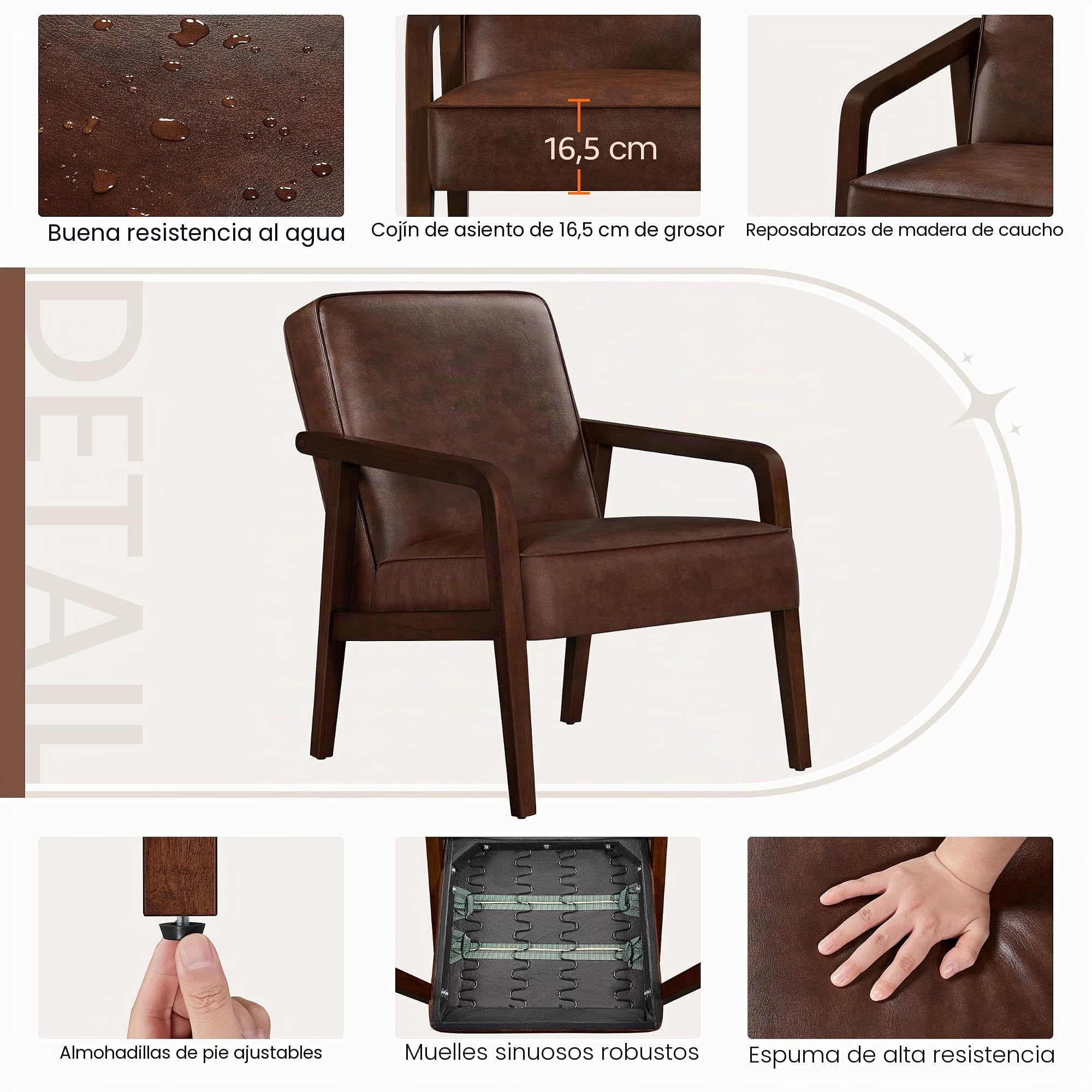 Yaheetech Sillón para Salón Piel Sintética con Pata de Madera Marrón Oscuro | Silla para Dormitorio con Reposabrazos, Sillón Relax, Capacidad de 136 kg, Fuerte Marco de Madera de Caucho