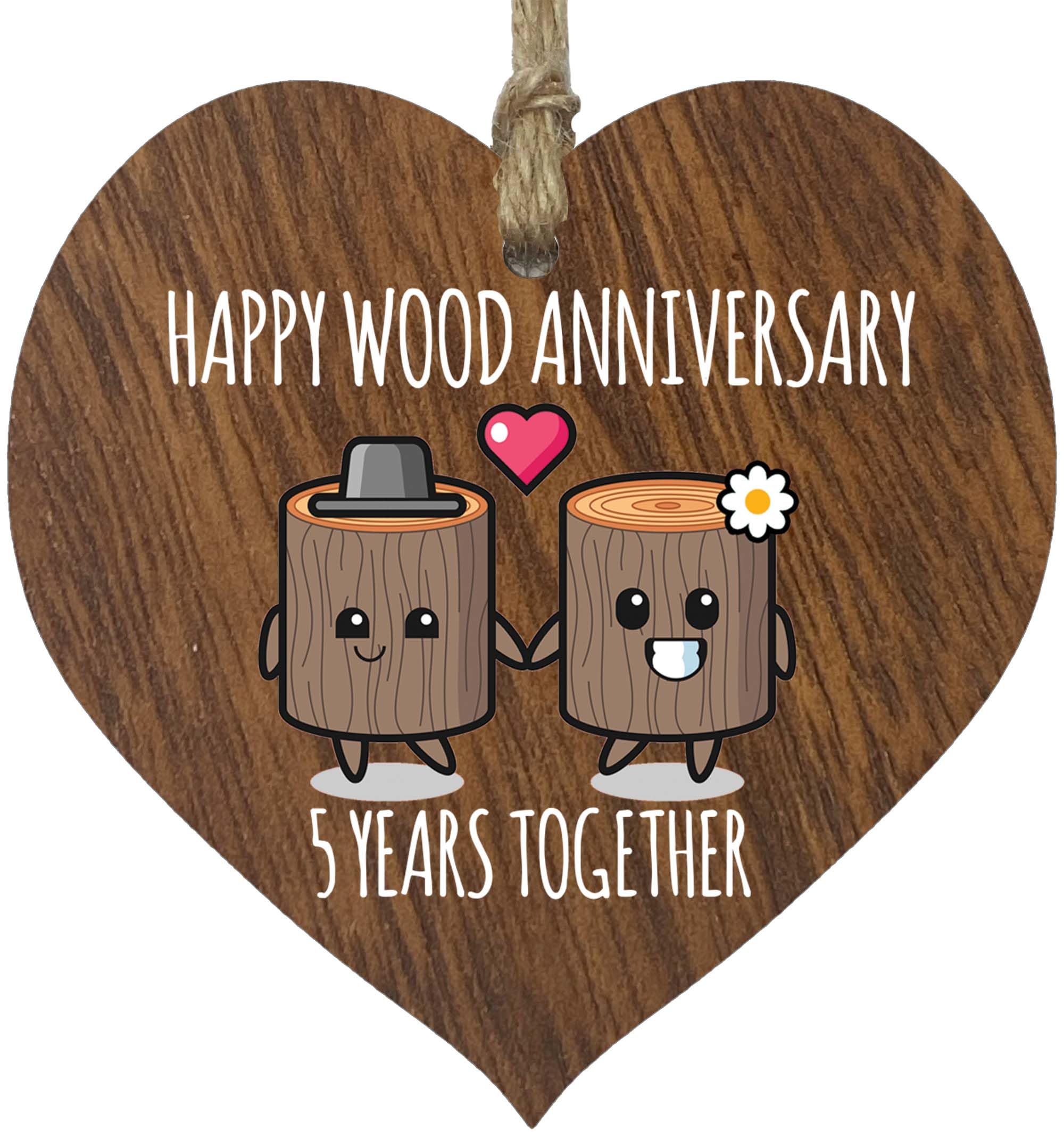 5th Wedding Anniversary Plaque Gift for Husband Wife - 5 Years Together - Happy Wooden Anniversary Wooden Heart for Women Men Partner, Dark Wood Sign Keepsake Gifts