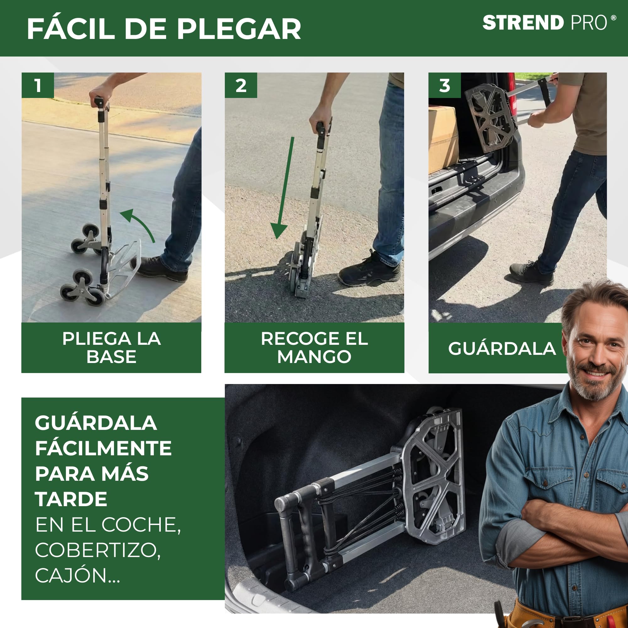 STREND PRO Carretilla Sube Escaleras 80kg | Carretilla Plegable con Sistema de 3 Ruedas | Carro Robusto para Escaleras & Peldaños | Carretilla Regulable en Altura & Compacta