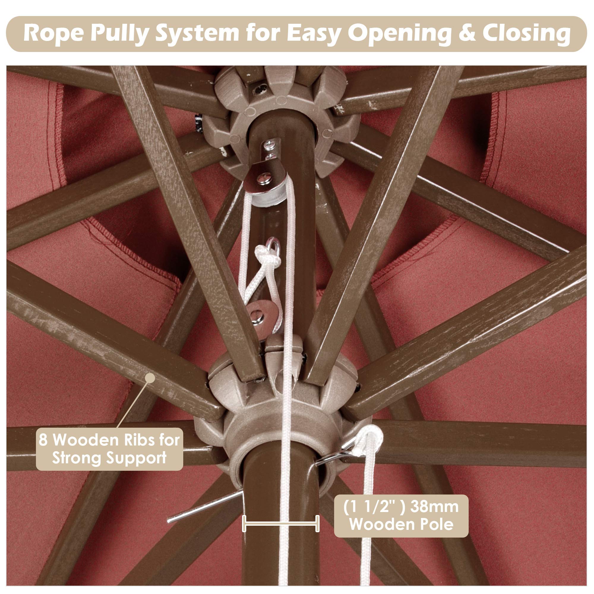 Snapklik.com : 9FT Wooden Patio Umbrella 8 Ribs Easy Tilt Shade Rope ...