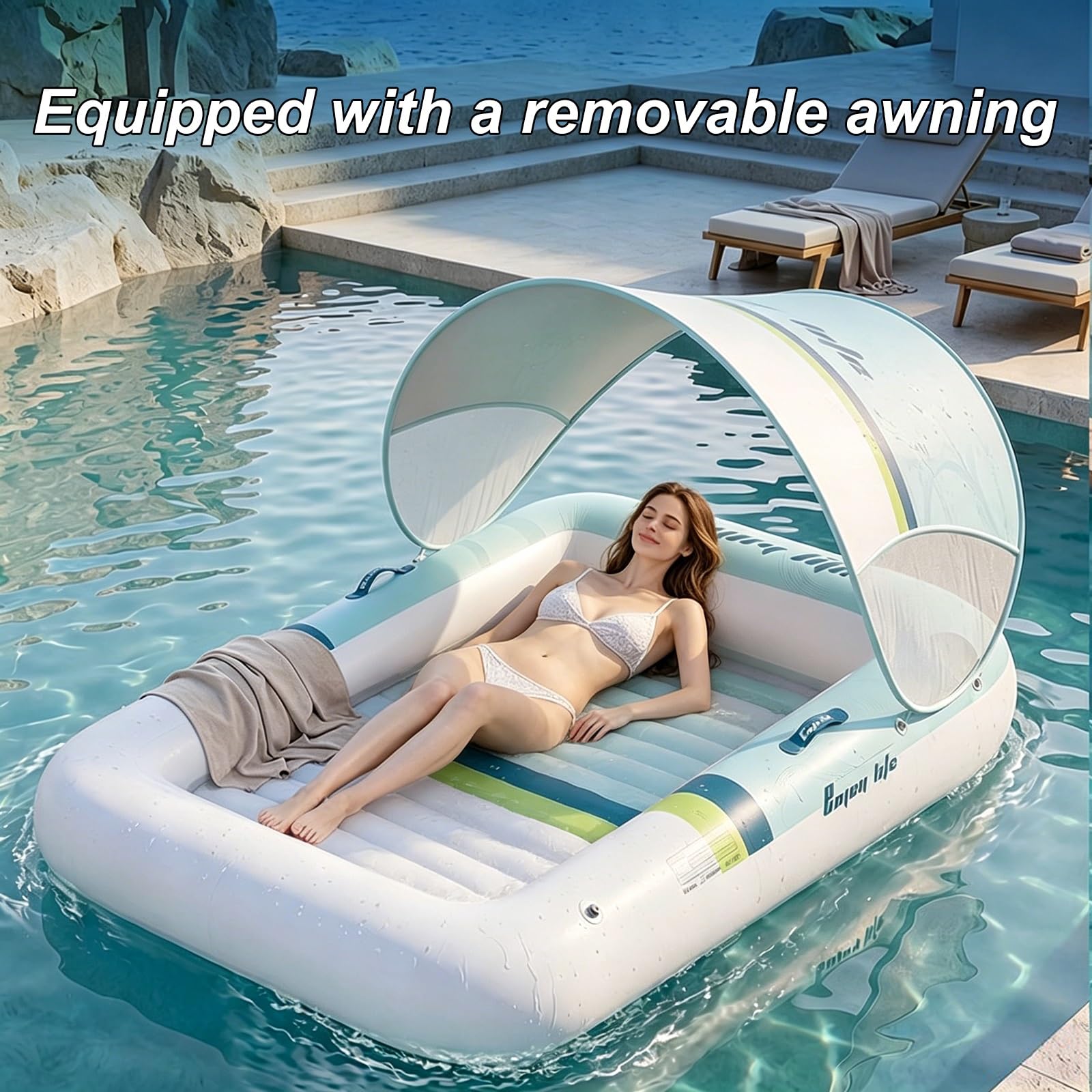 Matelas Gonflable Piscine, Chaise Longue Gonflable Piscine avec Auvent Amovible et Poignées, pour la Plage ou Le Bord d'un Lac