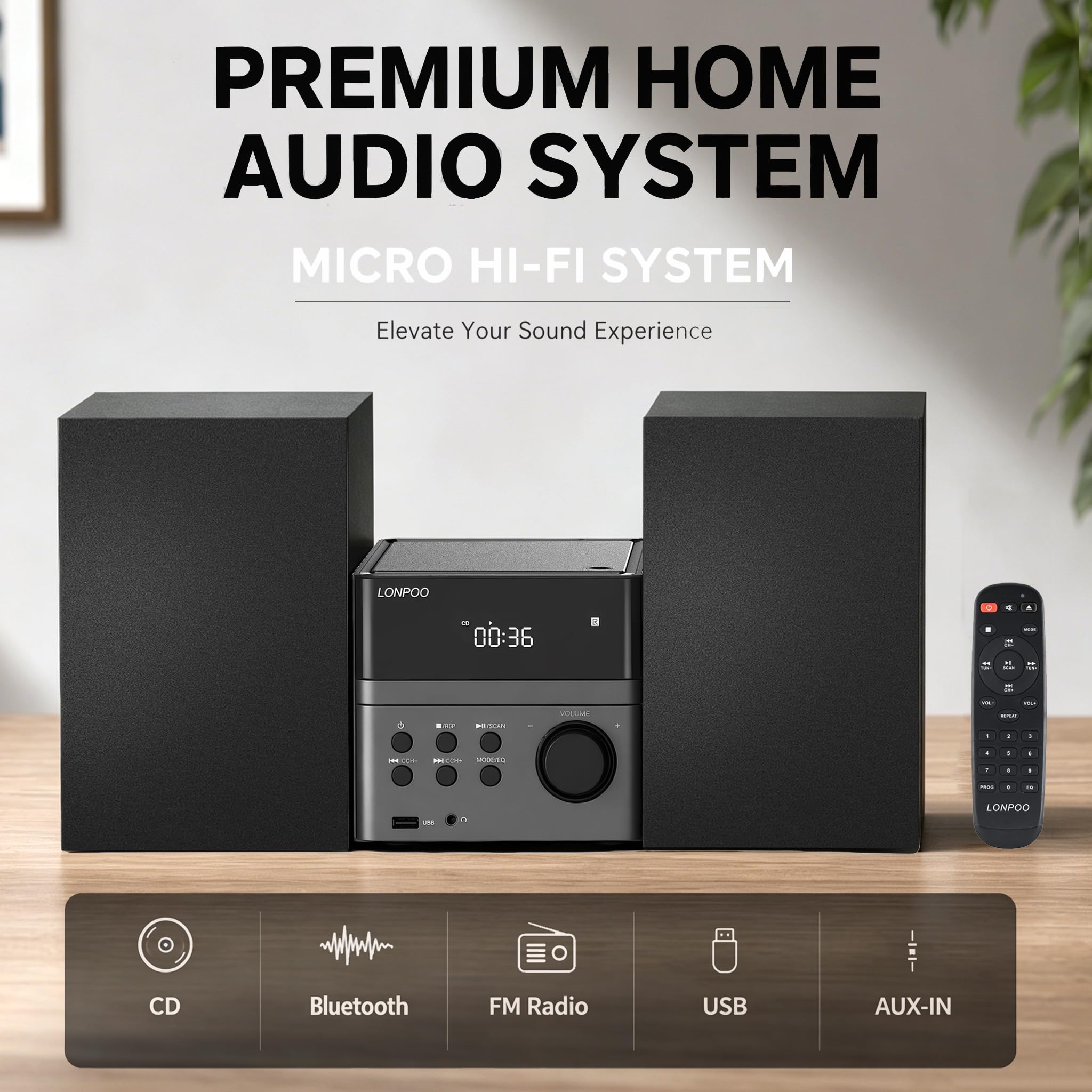 Sistema estéreo para casa Micro HiFi Compacto con Reproductor de CD, Bluetooth, Radio FM, USB, AUX-in, Pantalla LED y botón Grande, Mando a Distancia (lp-128)