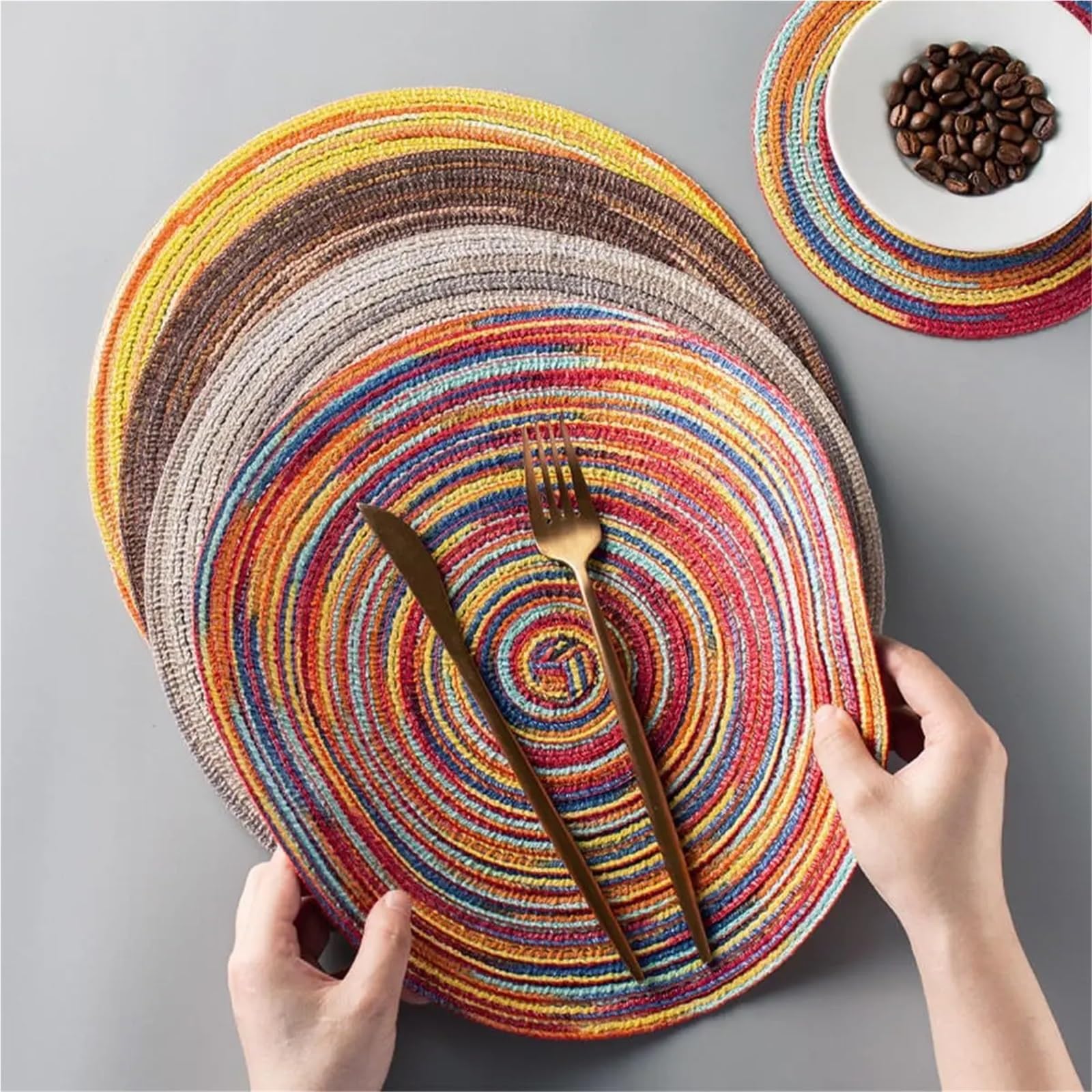 Set De Table Tressé Rond Napperon en Coton tissé Rond, 34/38cm, Tapis de Table résistants à la Chaleur, sous-Verres lavables(Rainbow Grey,Set of 6)