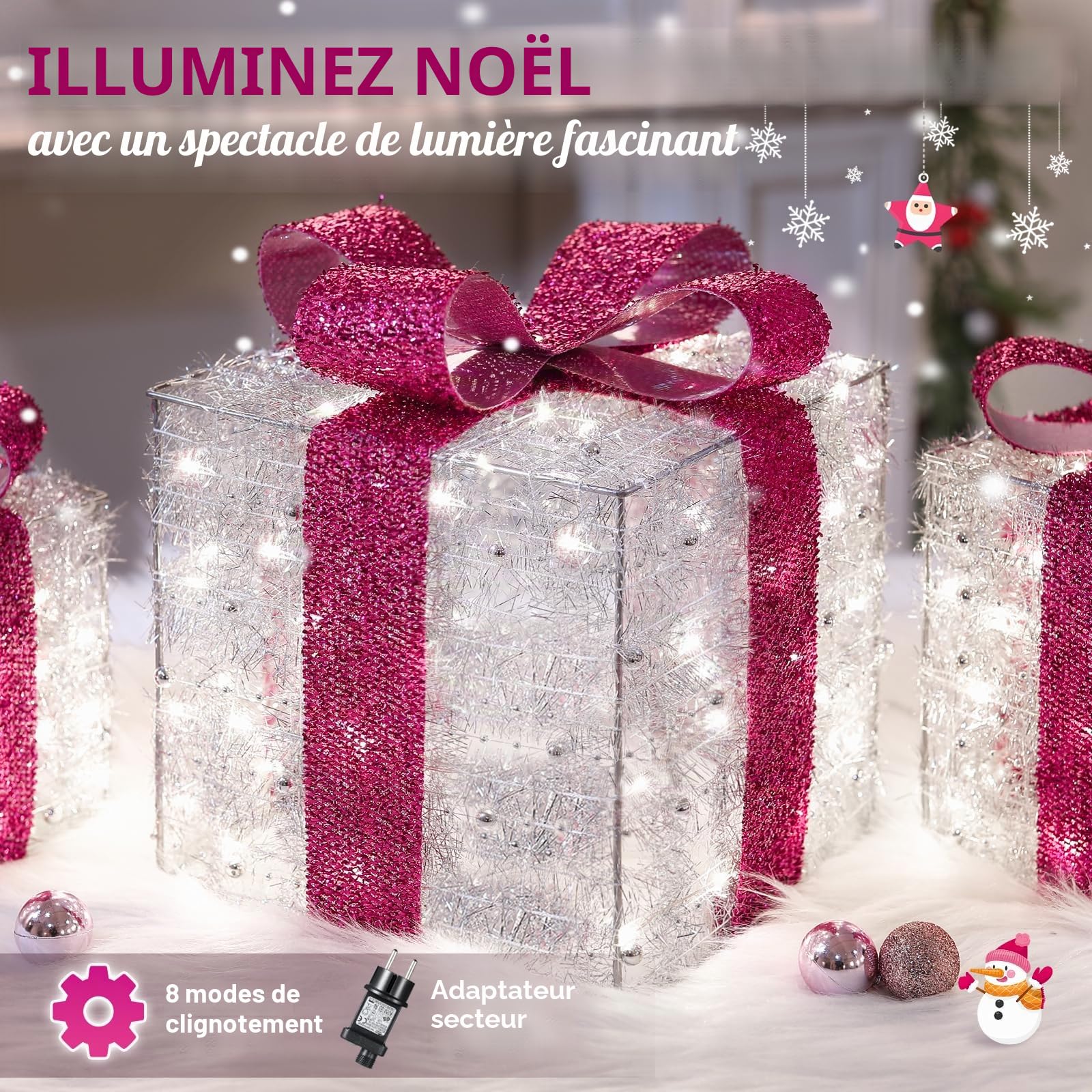 Quntis Cadeau Lumineux Noël 140 LEDs, 3Pcs Boîtes cadeaux Lumineuses avec Nœuds Rose, Coffret Cadeau Décoration Noël avec Guirlande Lumineuse Blanc Chaud, Déco Noël Intérieur pour Maison Arbre de Noël