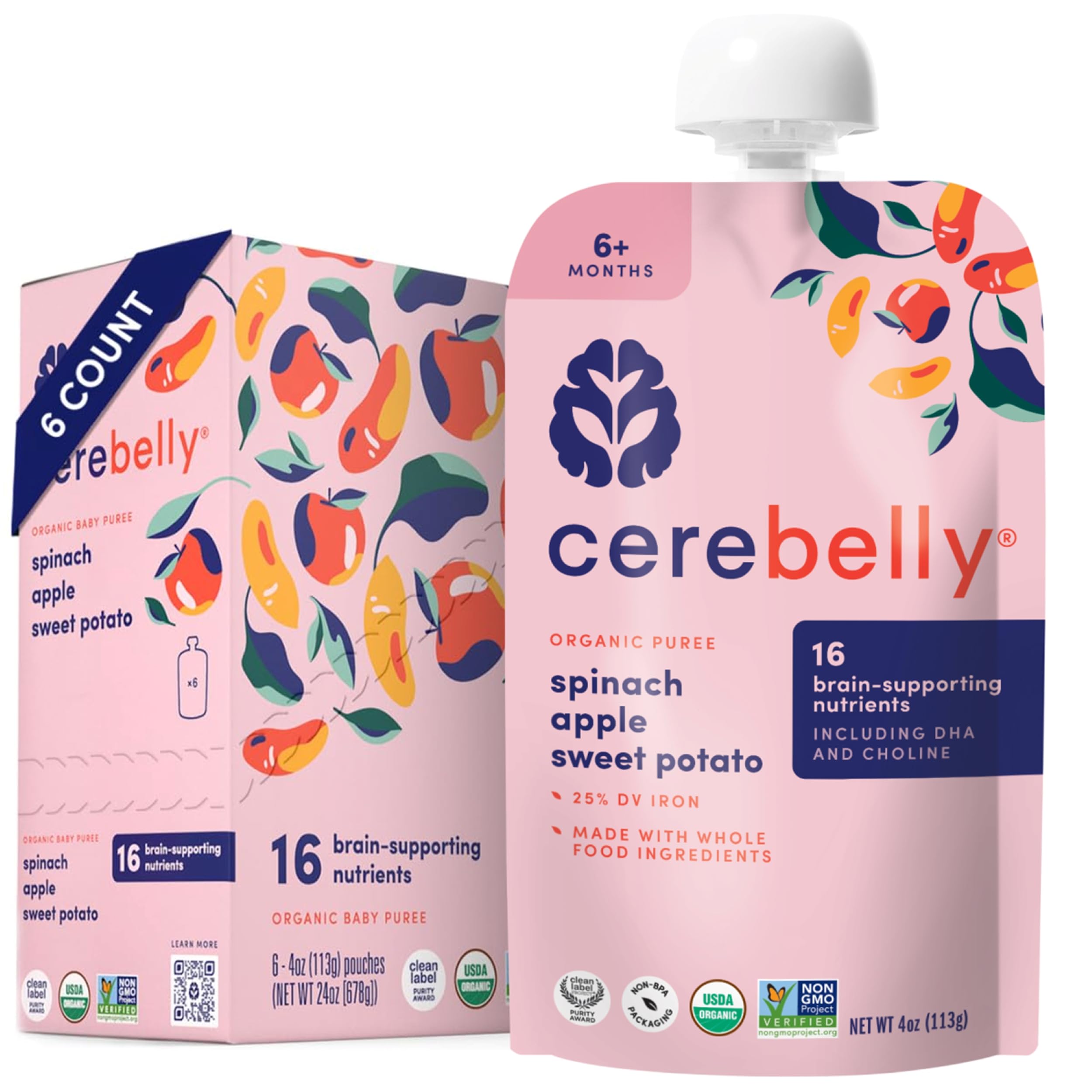 Cerebelly Organic Baby Food Pouches, Spinach Apple Sweet Potato Purees, 16 Nutrients, No Added Sugar, Fiber & Non-GMO, 4oz, 6 Pack