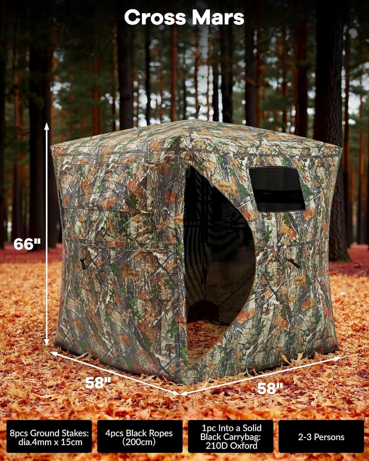 Pop Up Hunting Blind for 2-3 Person, 270° See Through Windows & Silent Magnetic Door, Camouflage 58"x58"x66" Lightweight Ground Blinds for Deer Turkey Waterfowl Hunting, with Carry Bag