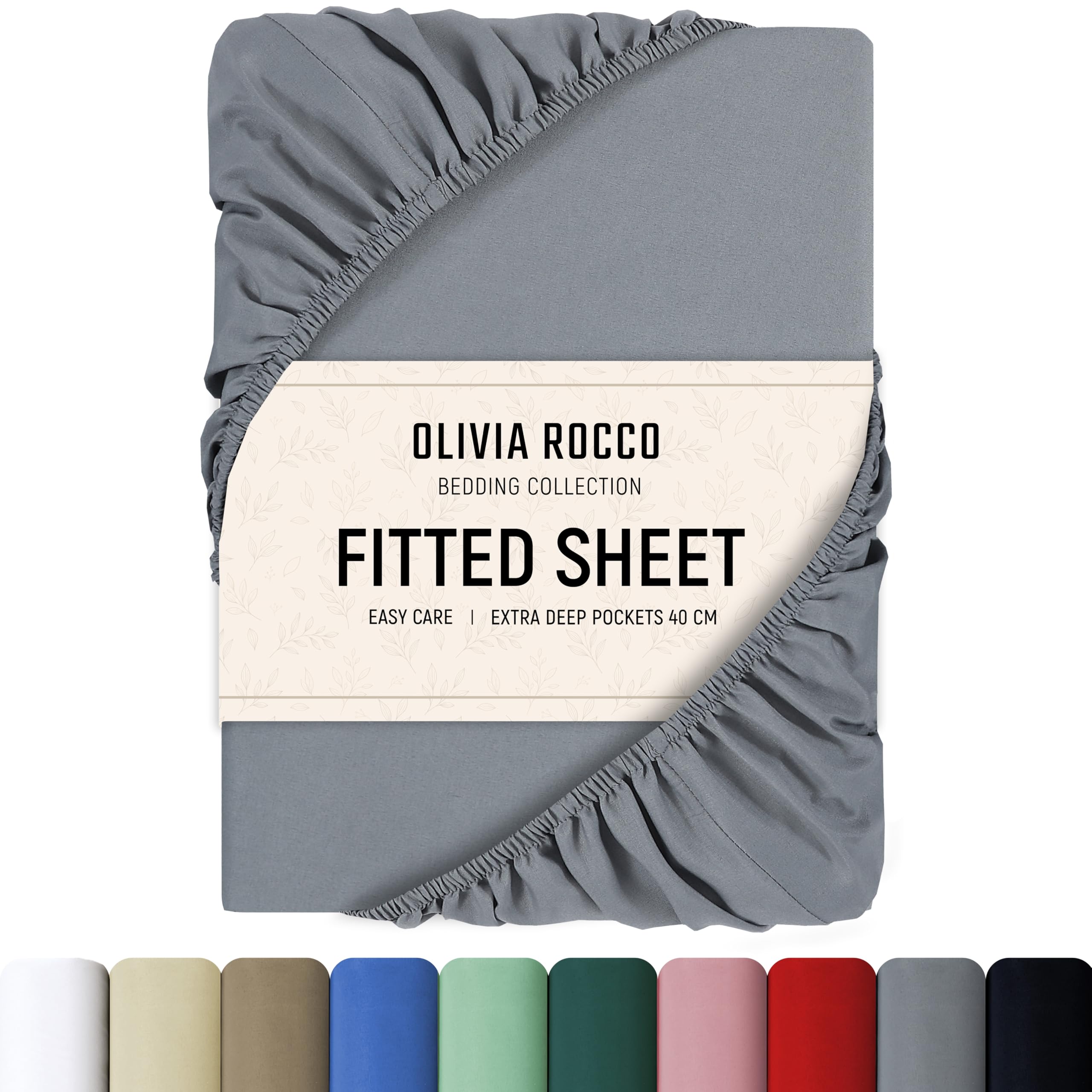 Olivia Rocco Fitted Sheet Extra Deep Pocket 16 Inch (40 cm) Soft Brushed Microfibre Fabric Shrink & Fade Resistant Easy Care Bottom Sheet, 3/4 Bed (120 x 190 cm), Grey