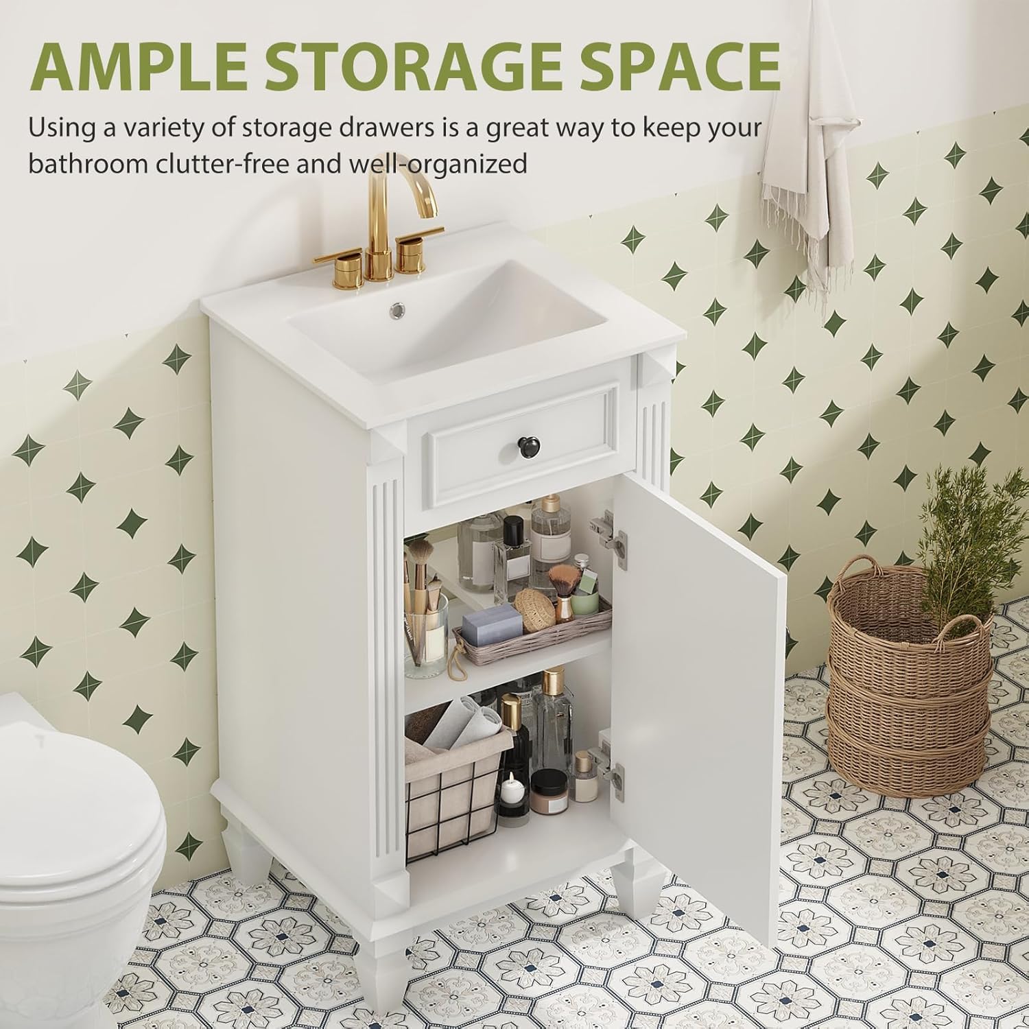 Sweetcrispy 18" Bathroom Vanity with Sink, Bathroom Storage Vanity Sink Cabinet with 1 Door, Farmhouse Wooden Free Standing Bathroom Cabinet with Sink, Easy Assembly, NO Mirror&Facuet, (Snowy White)