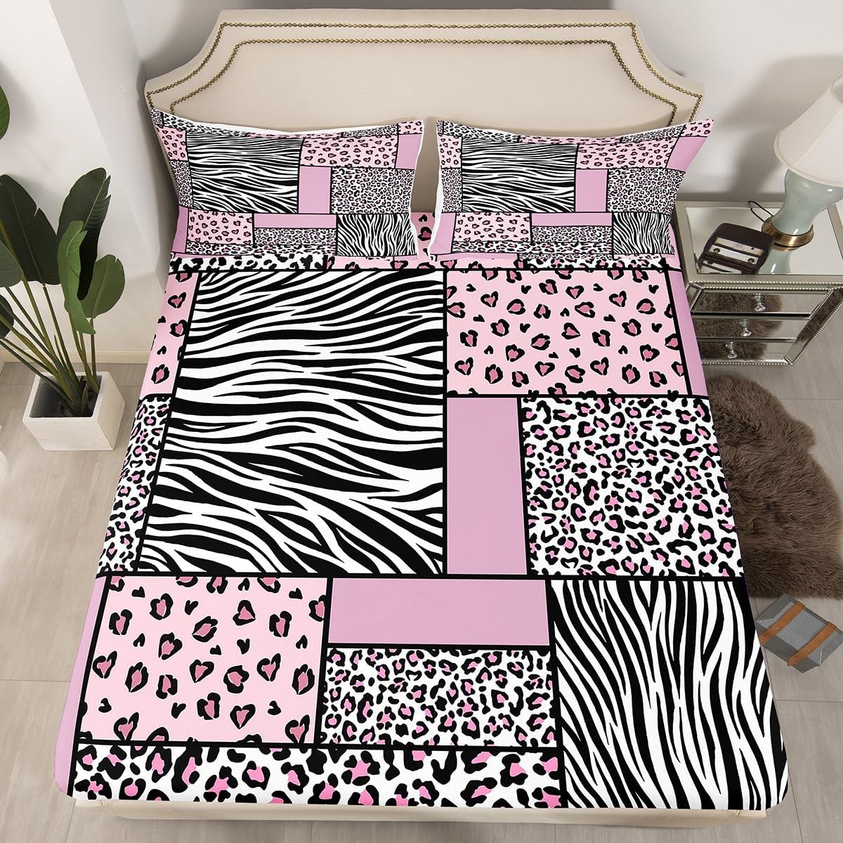 Erosebridal Animal Print Twin Sheets Pink Black White Bed