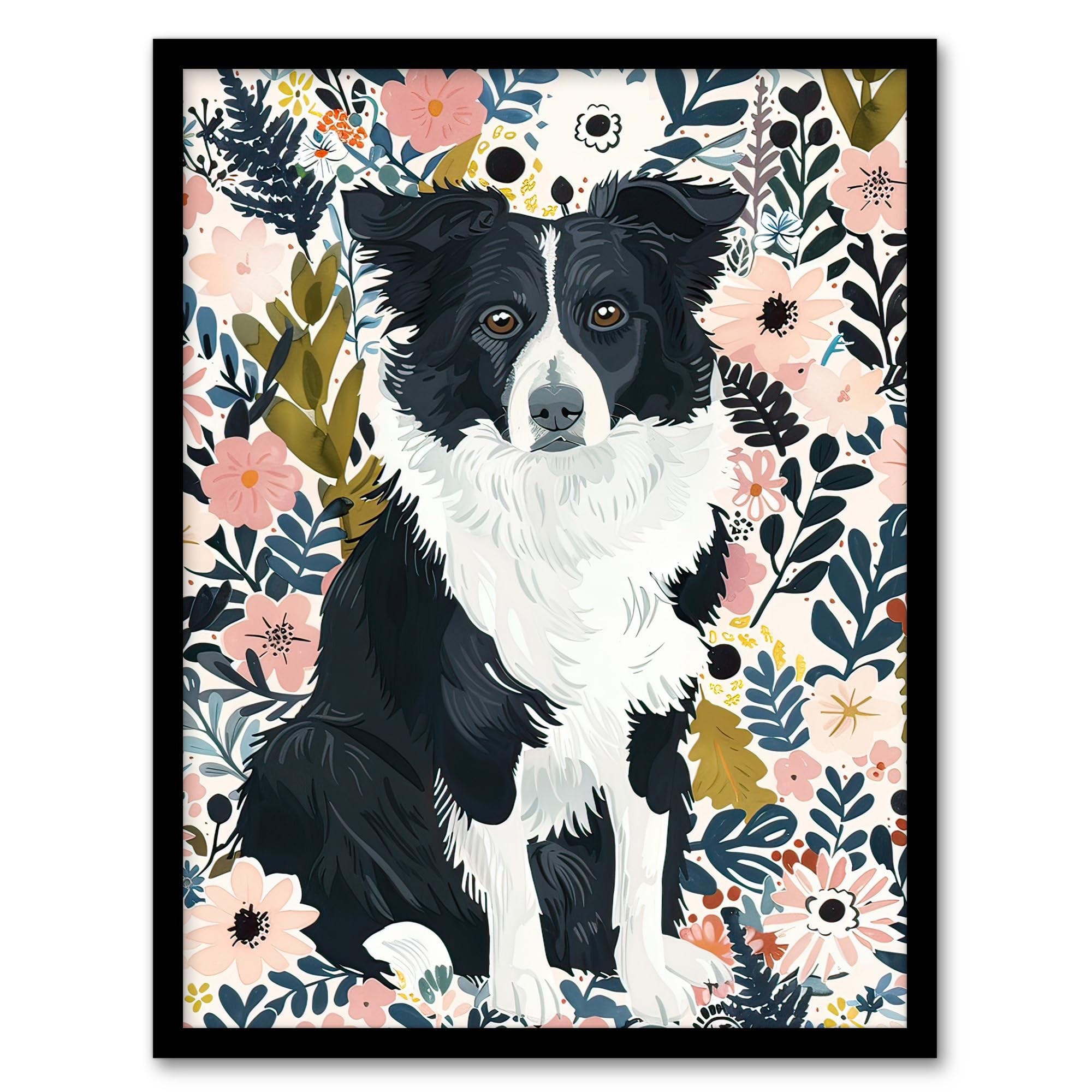 Artery8 Border Collie Dog Lover Pink Floral Portrait Living Room Artwork Framed Wall Art Print 18X24 Inch