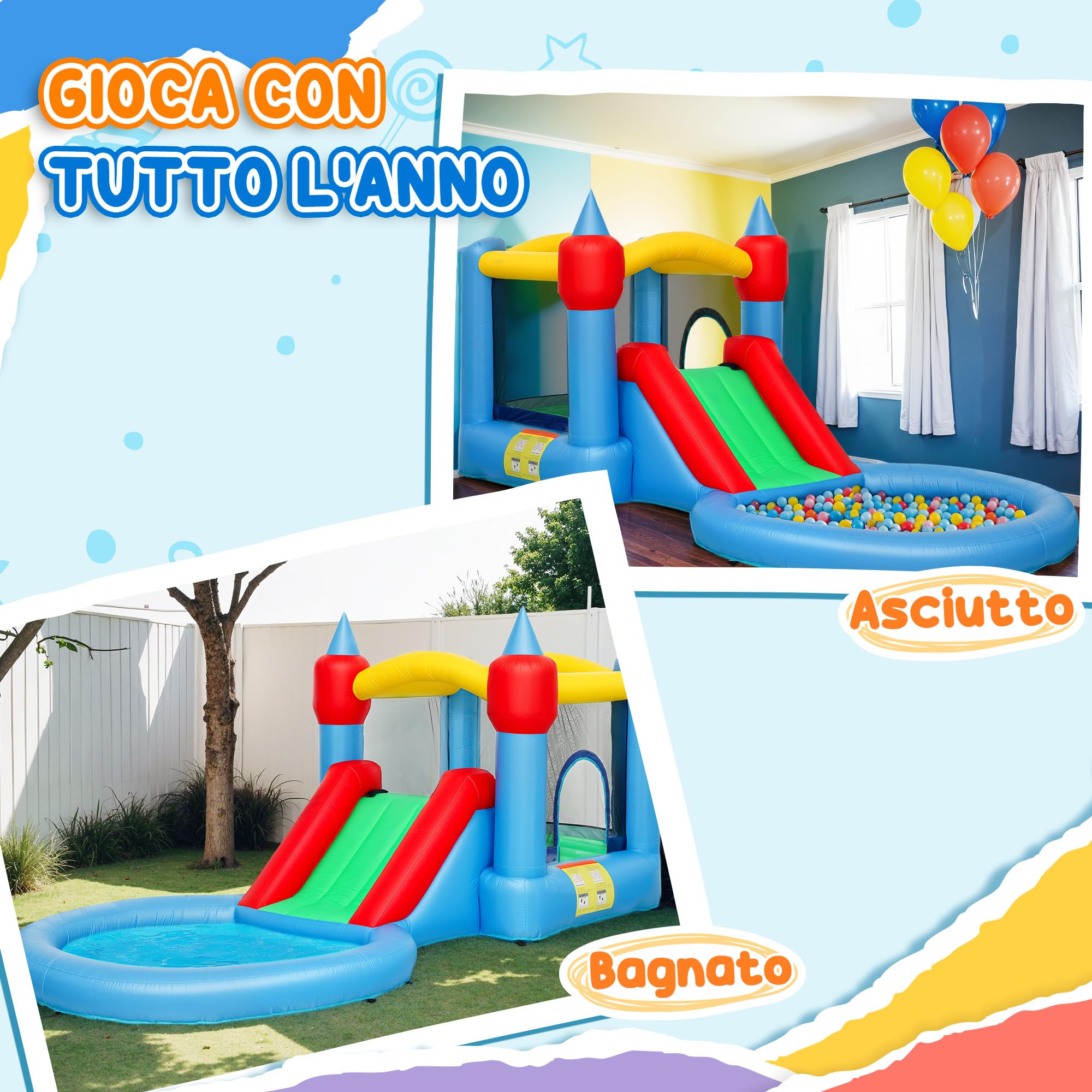 AIYAPLAY Castello Gonfiabile per Bambini 4 in 1 con Scivolo, Trampolino, Piscina Palline, Canestro, Borsa da Trasporto e Soffiatore, per Interni ed Esterni, adatto a 3-8 Anni, 415x205x190 cm