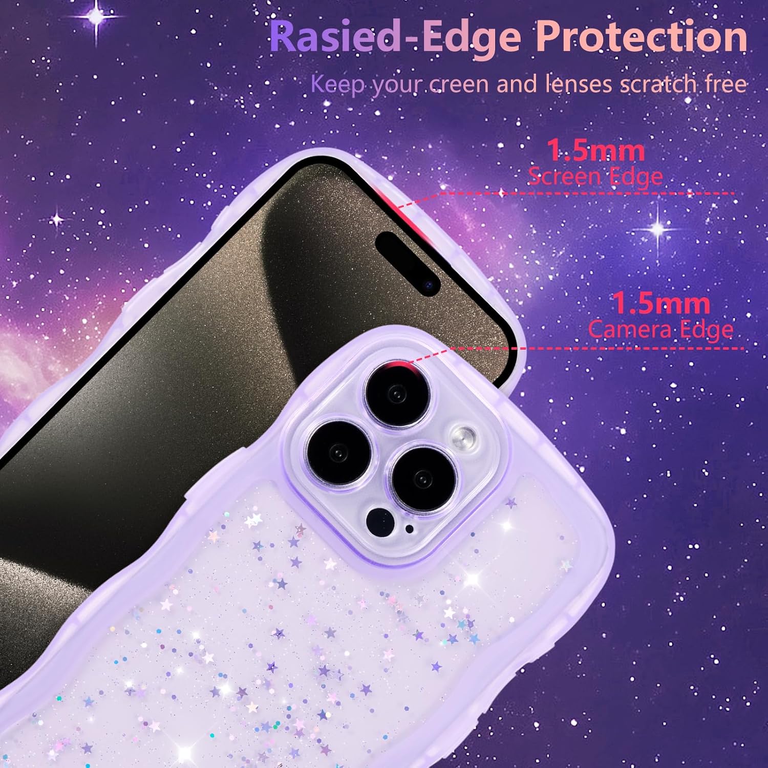 ZTOFERA for iPhone 15 Pro Case 6.1",Cute Curly Wave Case with Star Glitter,Clear Shiny Bling Soft TPU Shockproof Phone Protecive Cover for Women Girls-Purple - Image 2