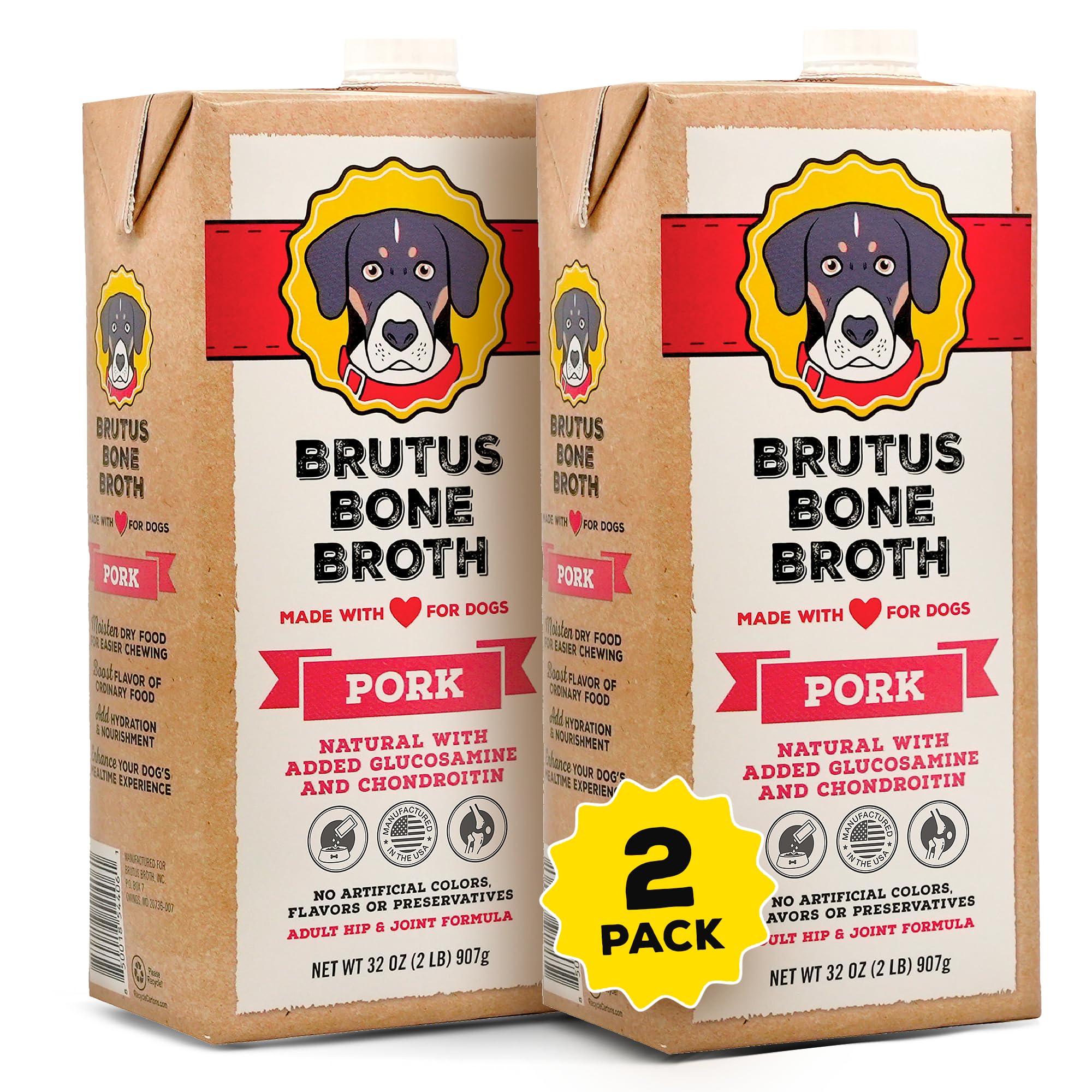 Brutus Bone Broth for Dogs | All Natural | Made in USA | Glucosamine & Chondroitin for Healthy Joints | Human Grade Ingredients | Hydrating Food Topper, Gravy & Treat (Pork, 2-Pack)