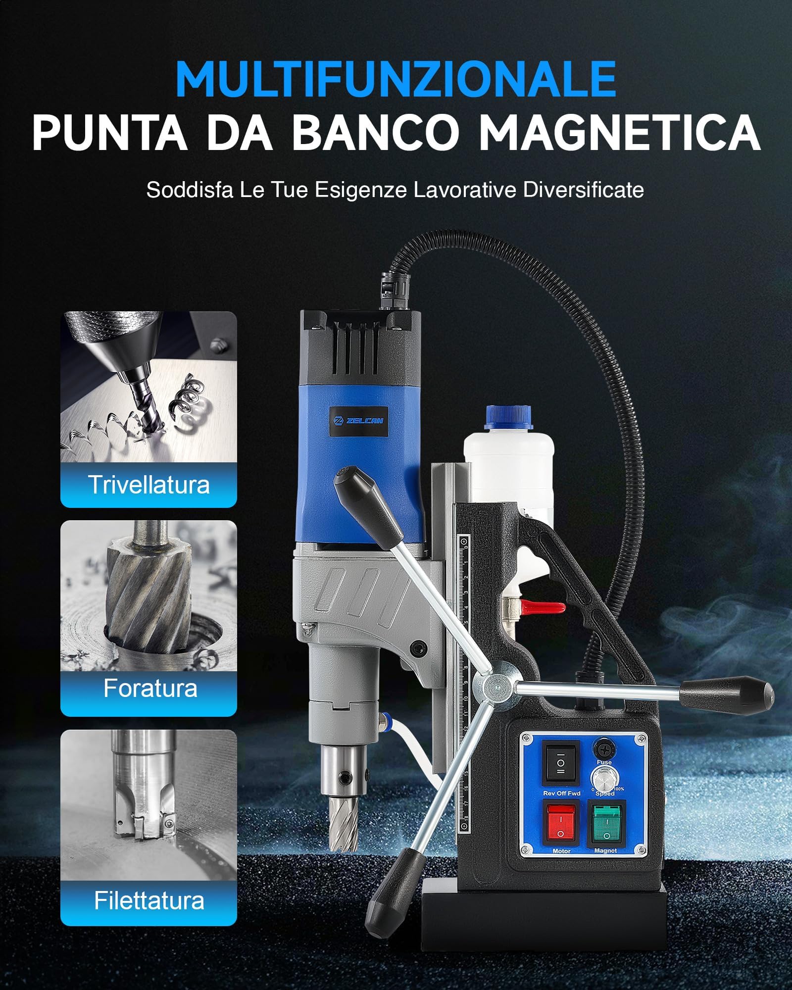 ZELCAN 1550W Trapano a Colonna Magnetico con 11 Punte 13000N Trapano Magnetico a Foratura di 50mm Corsa di 23cm 580 rpm Controllo Reversibile Velocità Continuo per Superfici Metalliche