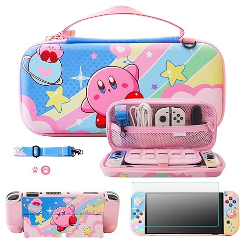 Cute Carrying Case for Nintendo Switch OLED, Pink Travel Carry Bag for Star, Accessories with Protective Hard Shell, HD Screen Protector, Adjustable