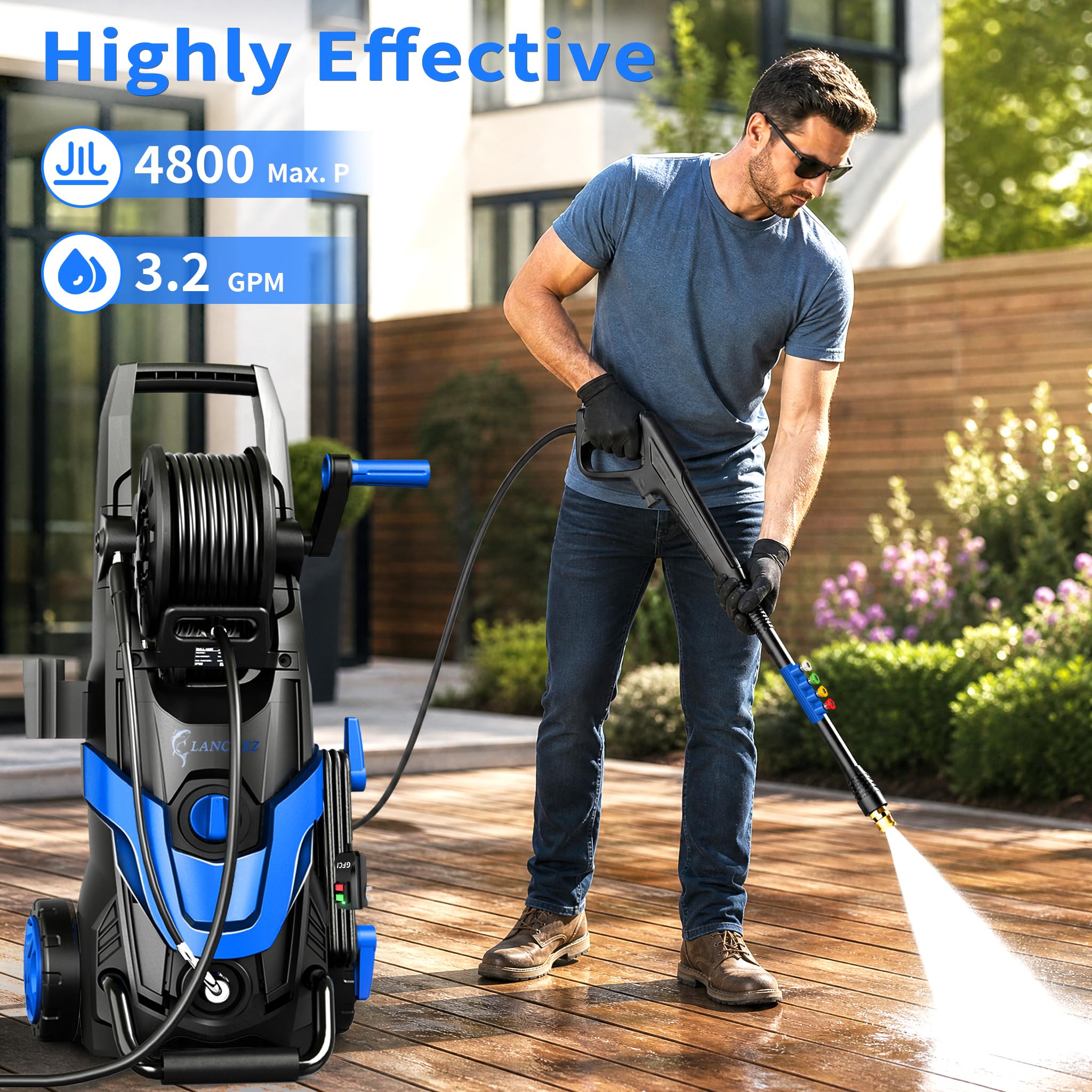 2026Upgraded 4800 MAX Pressure Washer w/5 Quick Connect Nozzles, 35ft Power Cord w/GFCI, Inlet Hose &amp; Filter&amp; Soap Tank for Cars/Driveways/Home Cleaning, Bright Blue