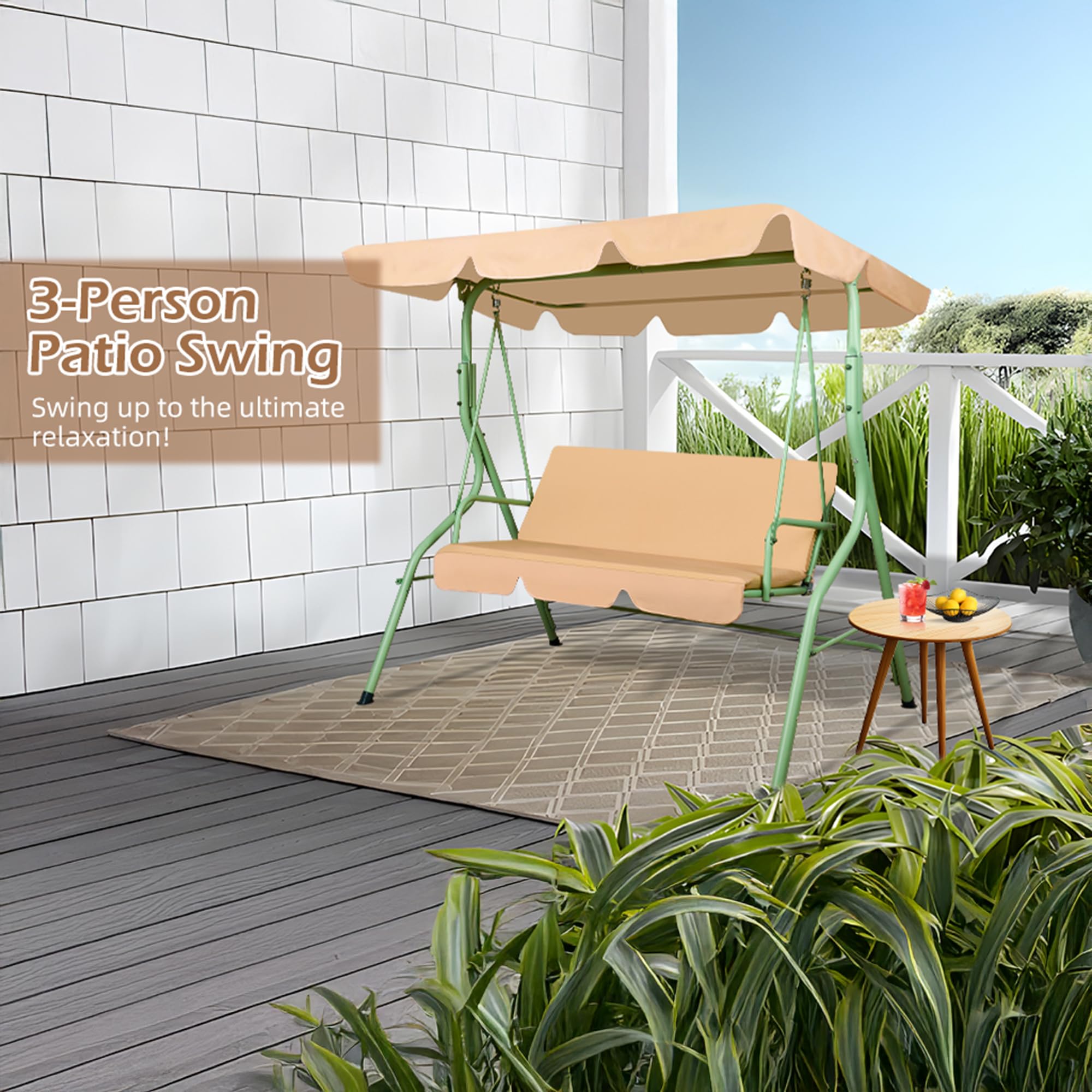 Frankystar Hulaop - Dondolo 3 Posti da Giardino con Cuscino Imbottito e Tettuccio Parasole Regolabile in Acciaio Verniciato e Tessuto Poliestere Beige