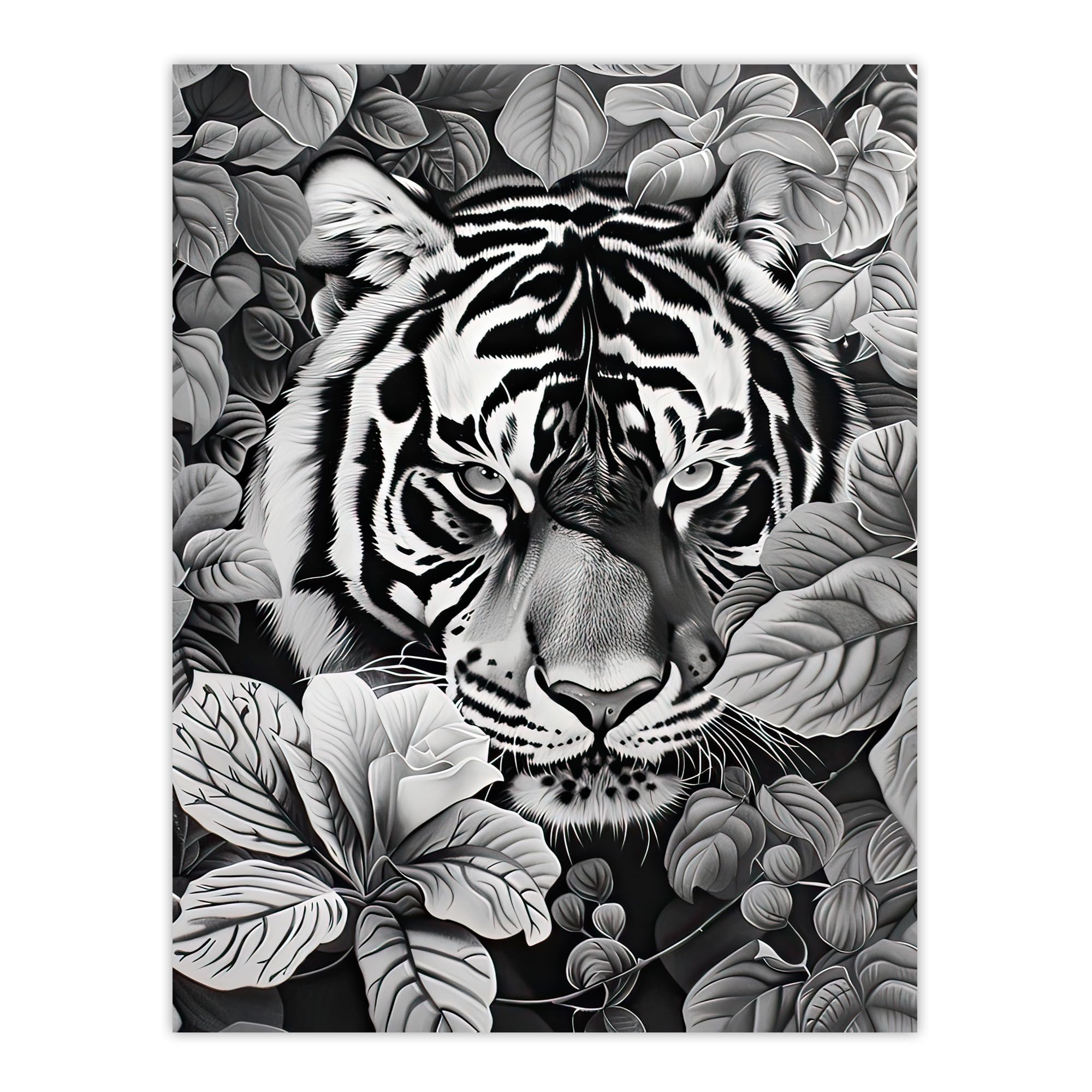 Black White Tiger Jungle Botanical Portrait Wall Art Poster Print