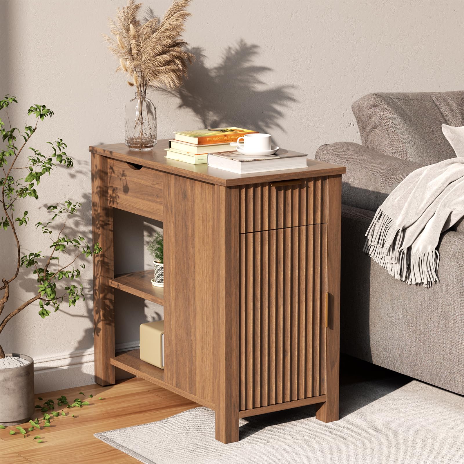 HSSZXFR End Table with Charging Station 24'' Nightstand with Charging Station Vintage Side Table with Storage Wooden Sofa Side Table and Outlets