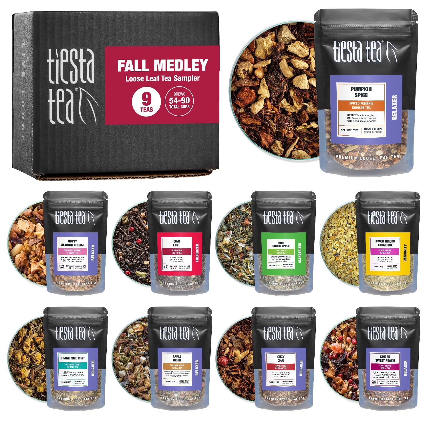 Tiesta Tea Fall Medley Dry Flight Set Sampler Set - Loose Leaf Tea, No Caffeine, Perfect Hot or Iced, Assorted Brew Set With Herbal, Black, Chai, Fruit Blends, & More - 9 Resealable Pouches