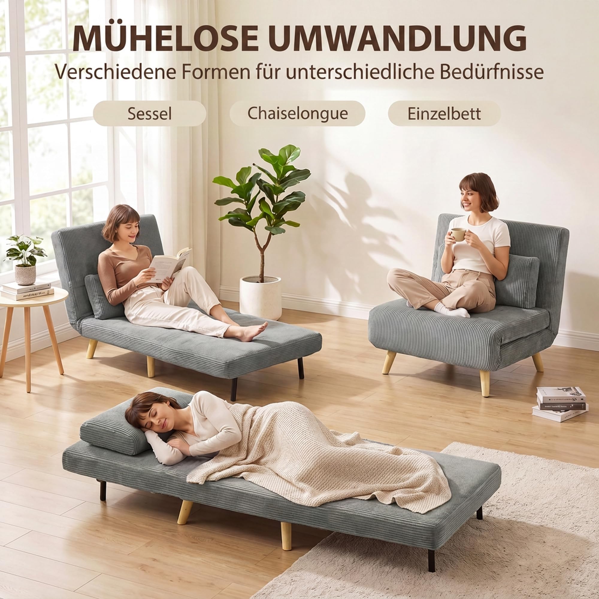 HOMCOM Fotel rozkładany 3 w 1, sztruksowy fotel z funkcją spania 90 x 190 cm, 6-stopniowe oparcie klik-klak, metalowe nogi, poduszka, ciemnoszary