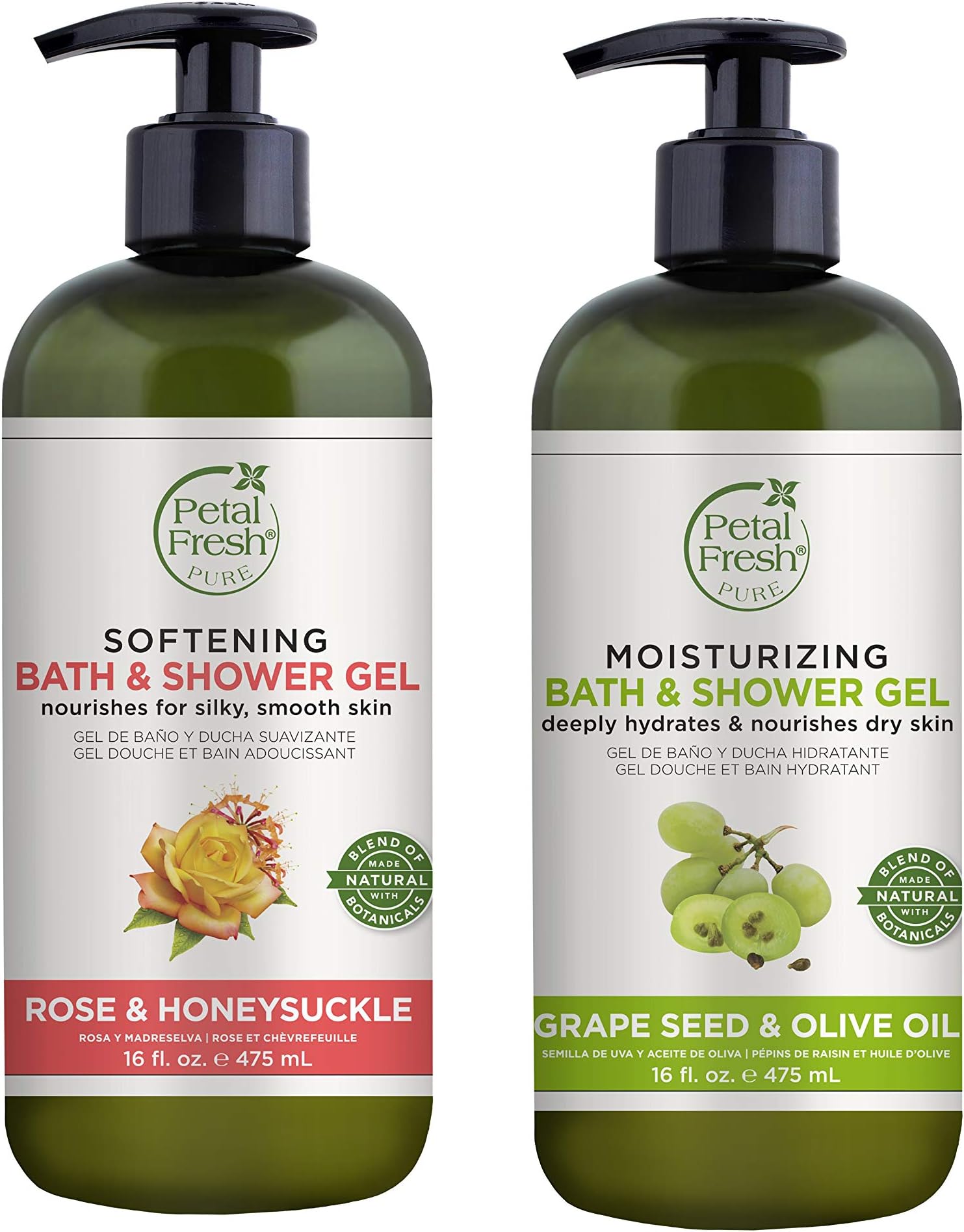 Petal Fresh Pure Rose & Honeysuckle + Grape Seed & Olive Oil Bath Shower Gel 475ml | Paraben & Sulfate free