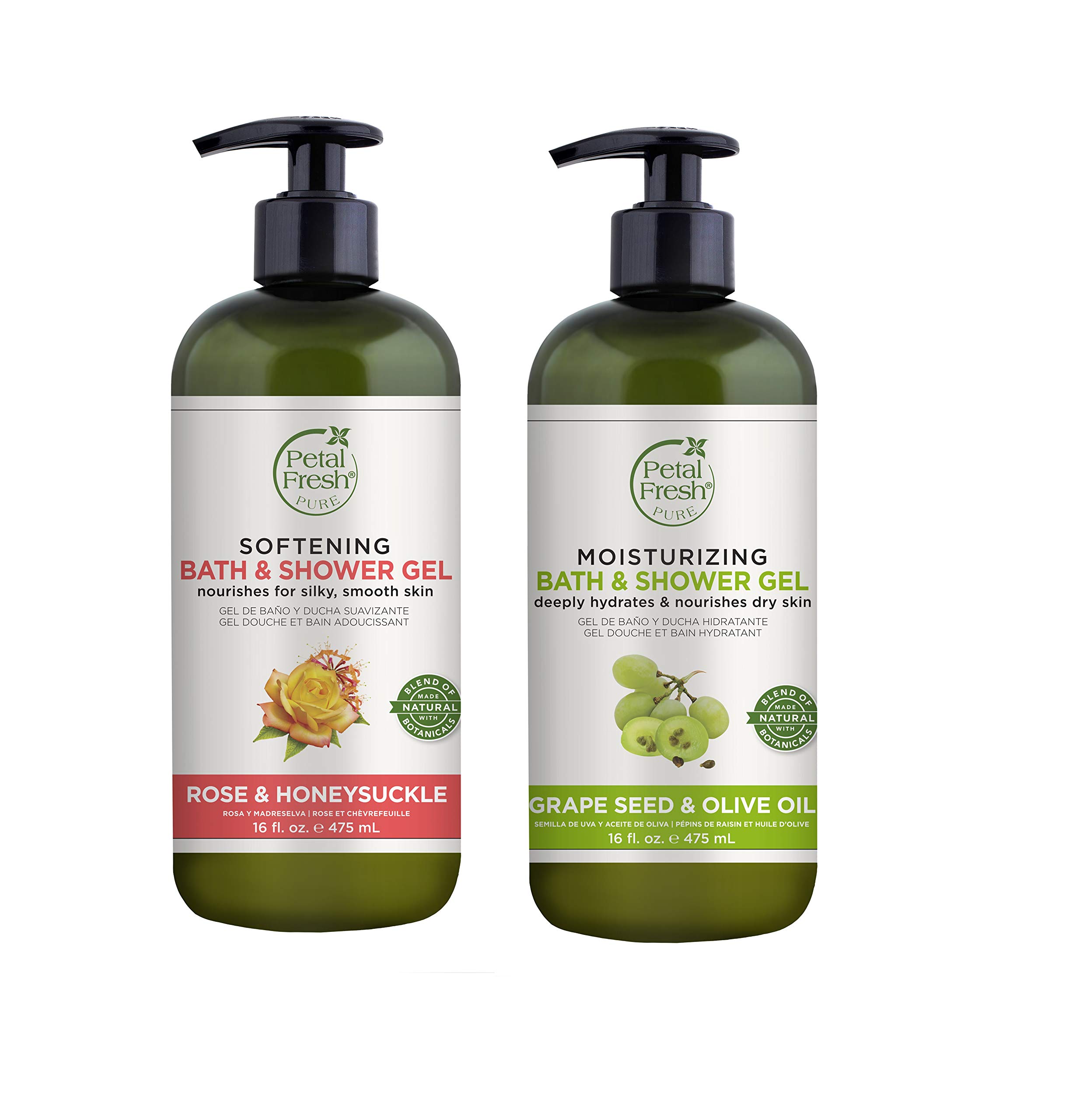 Petal Fresh Pure Rose & Honeysuckle + Grape Seed & Olive Oil Bath Shower Gel 475ml | Paraben & Sulfate free