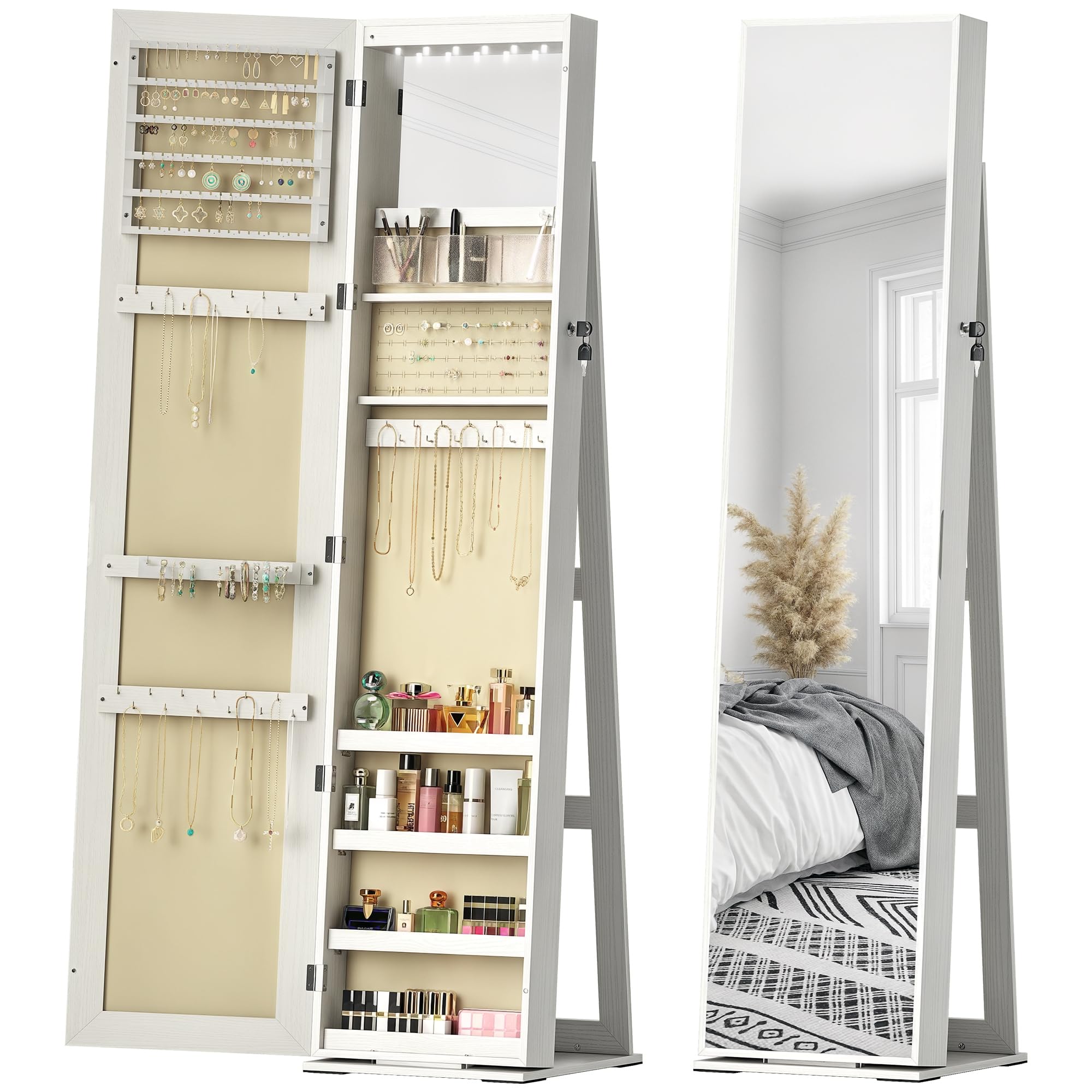 HOMCOM Espejo Joyero de Pie con Luces LED y Cerradura Armario de Joyas Blanco Veta Madera