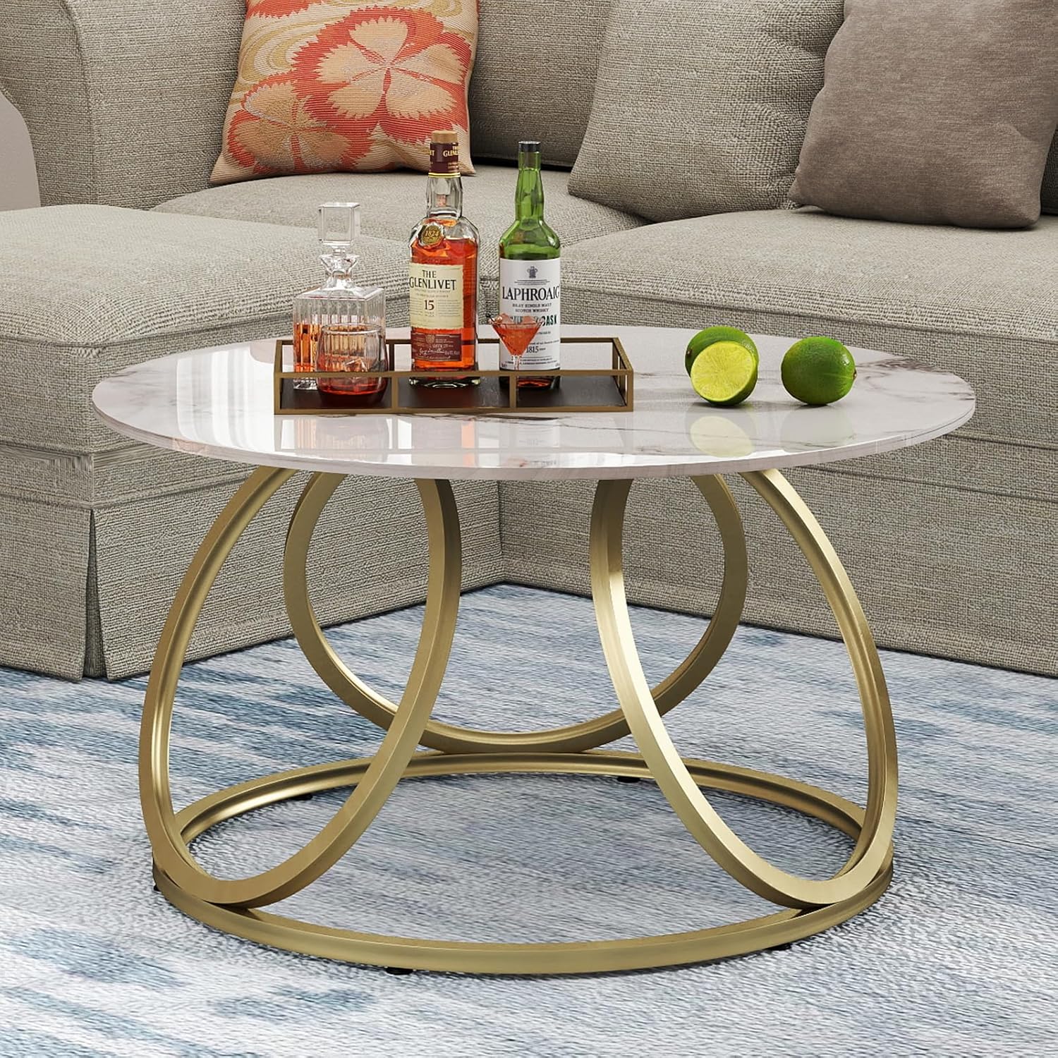 OIOG Round Gold Coffee Table, Modern Coffee Table with Natural Sintered Stone, Marble Look Center Table for Living Room