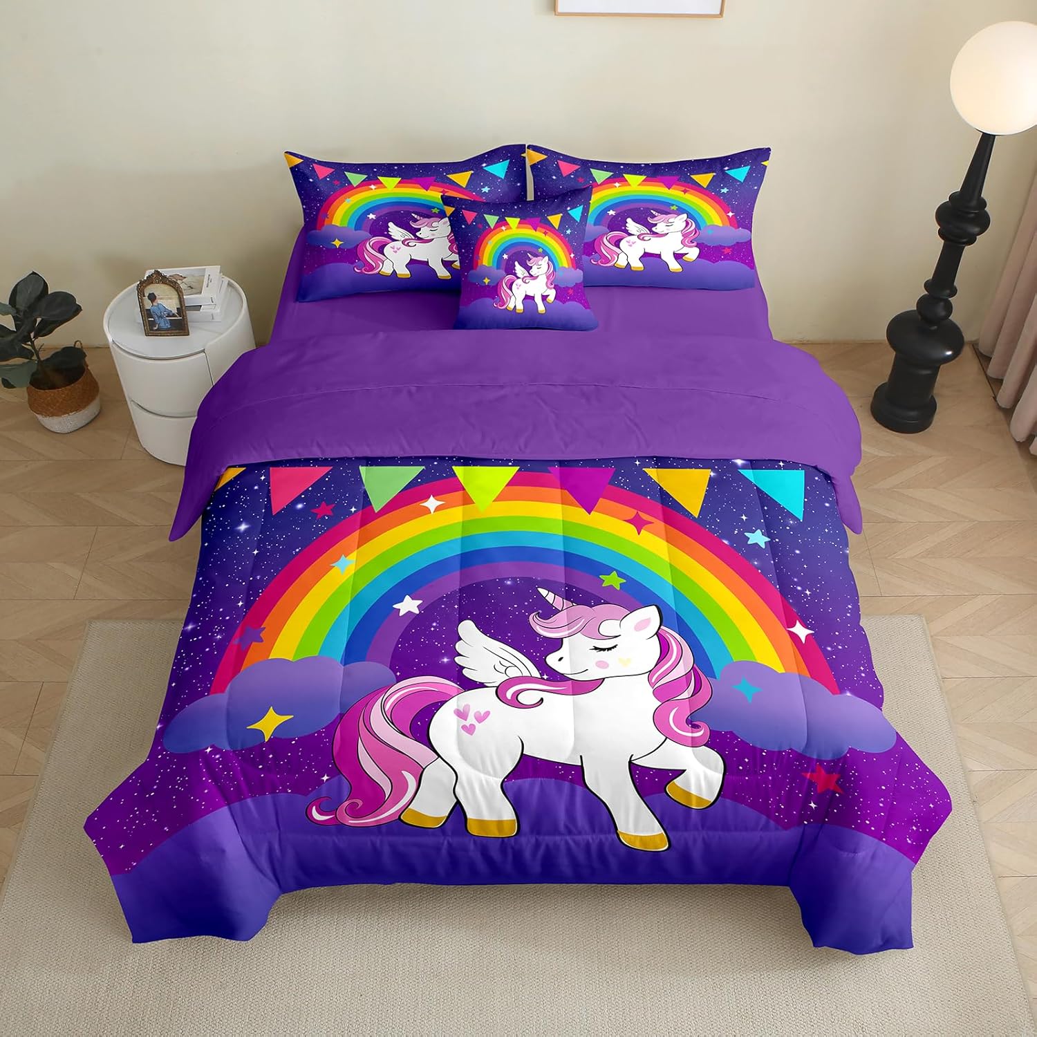 Unicorn Comforter Set for Girls 6 Pieces Kids Rainbow Unicorn Bedding Set with Sheet Twin Size Unicorn Bed in a Bag for All Season,Purple
