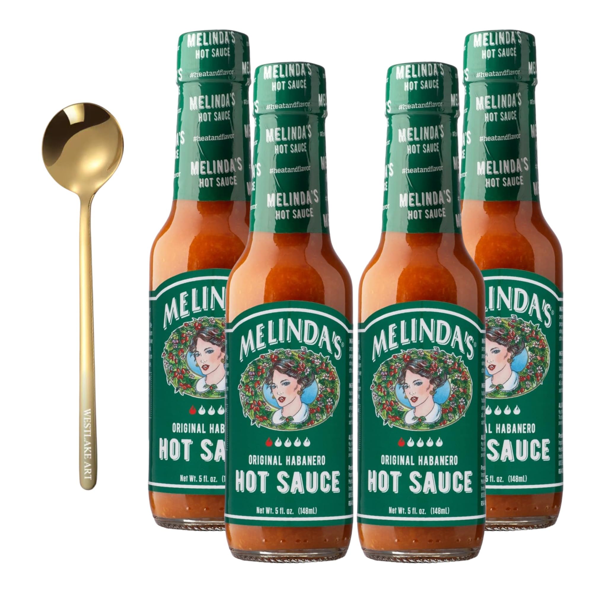 westlake art Melindas Original Habanero Hot Sauce, 6.88 Ounces, Bundled With Golden Ss Spoon - Hot Sauce, Bold And Tangy Flavor, Pure Ingredients, Handcrafted Excellence [Pack Of 4]