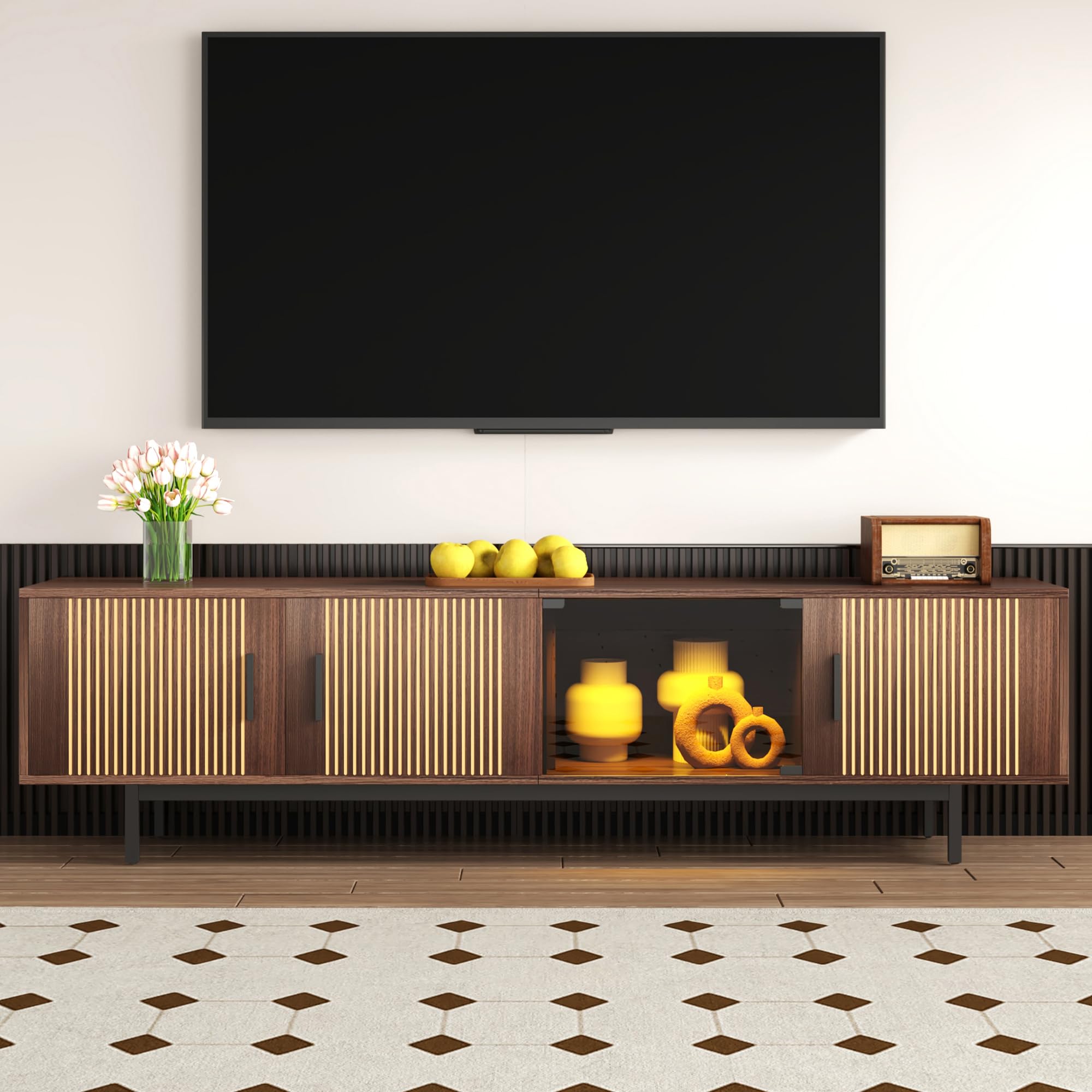 Merax TV cabinet, Wood TV Unit 200cm Storage Sideboard with 4 Doors, Smart LED Light Strip, Carved Texture Design, 200 * 35 * 53 cm โ image 1