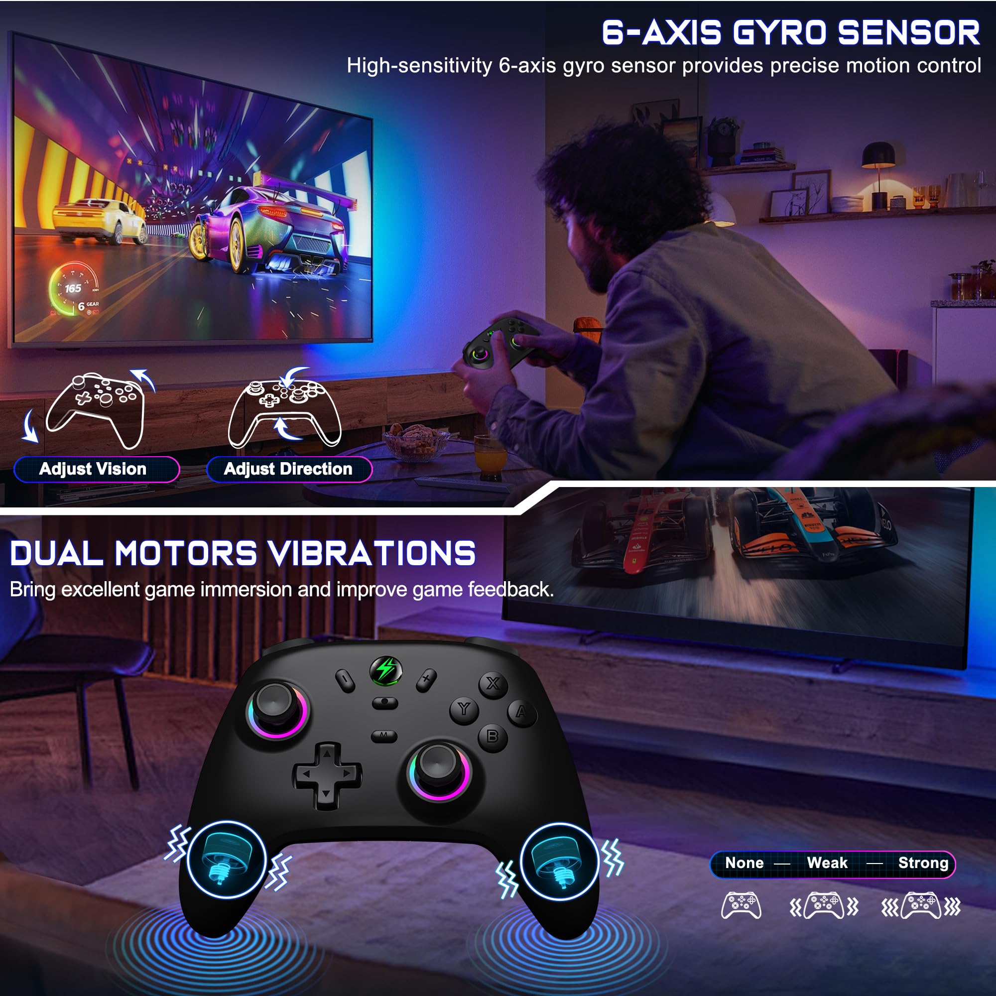 ALEEMTRY Switch Controller Compatible con Switch 2/Switch/Lite/OLED, Wireless Switch Pro Controller con RGB Hall Effect Joysticks/Batería de 1000 mAh/Turbo/Dual Vibration