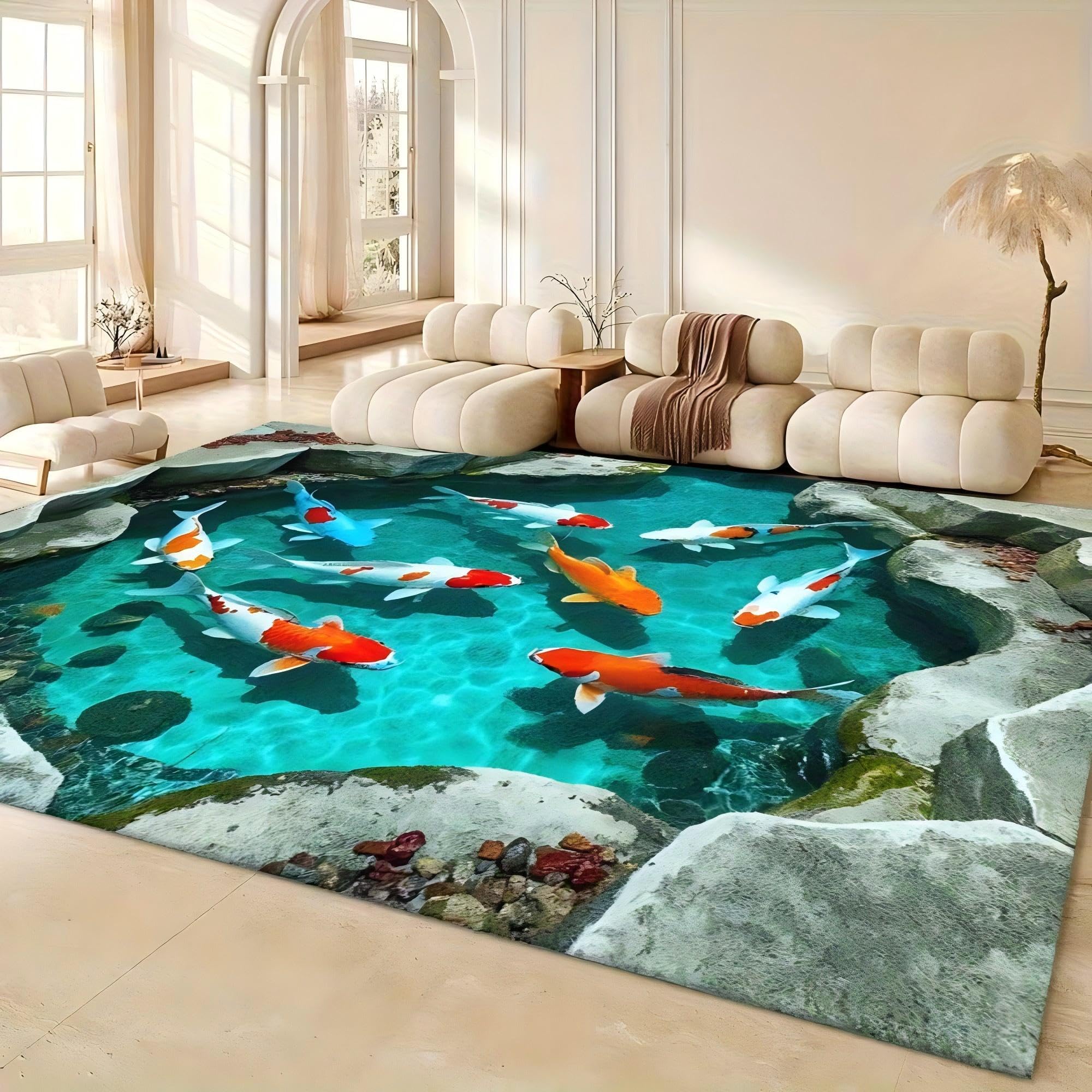 Bycmuoz Red Koi Fish Area Rug for Bedroom, 180x300cm, 3D Stone Pond Blue Water Indoor Rugs, Natural Landscape Easy Clean Printed Carpet, Durable Low-Pile Reduce Noise Mats for Hallway Bedroom