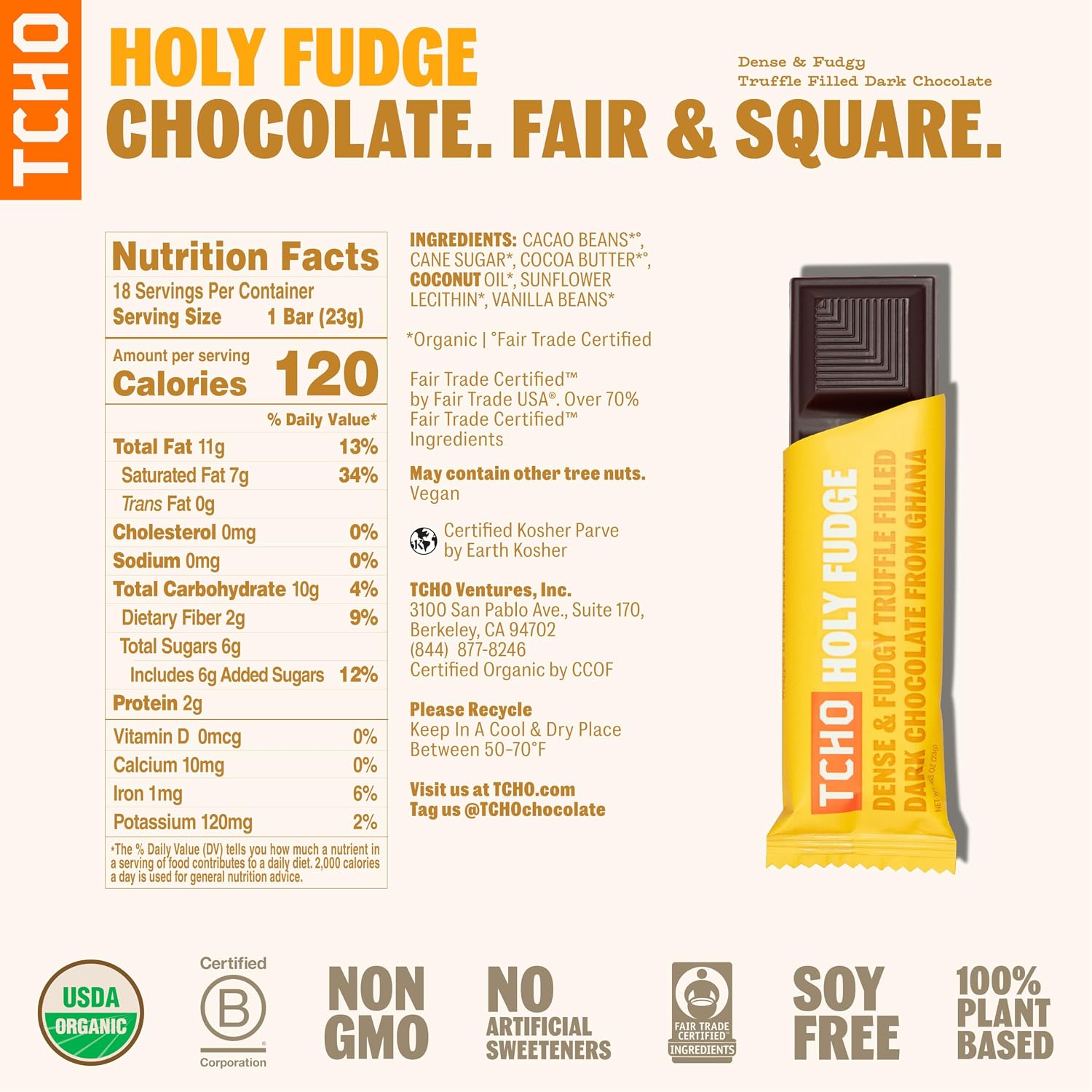 TCHO Holy Fudge 75% Dark Chocolate Bars (18 pack) | 100% Plant-Based, Organic Dark Chocolate | Vegan, Soy-Free, Gluten-Free, Individually Wrapped Bars | Rich Fudgy Indulgence in Every Bite (0.70oz each)