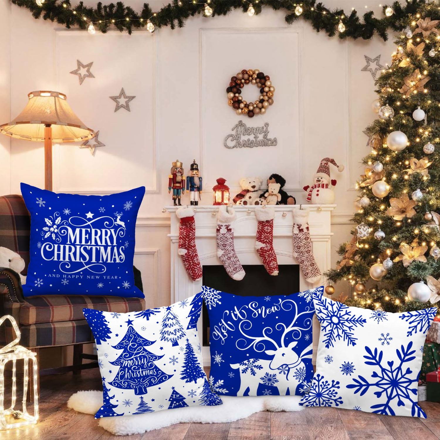 Weihnachts-Kissenbezüge 45x45 Cm | 2 Stück | Blau Mit Schneeflocken & Rentier | Baumwollmischung
