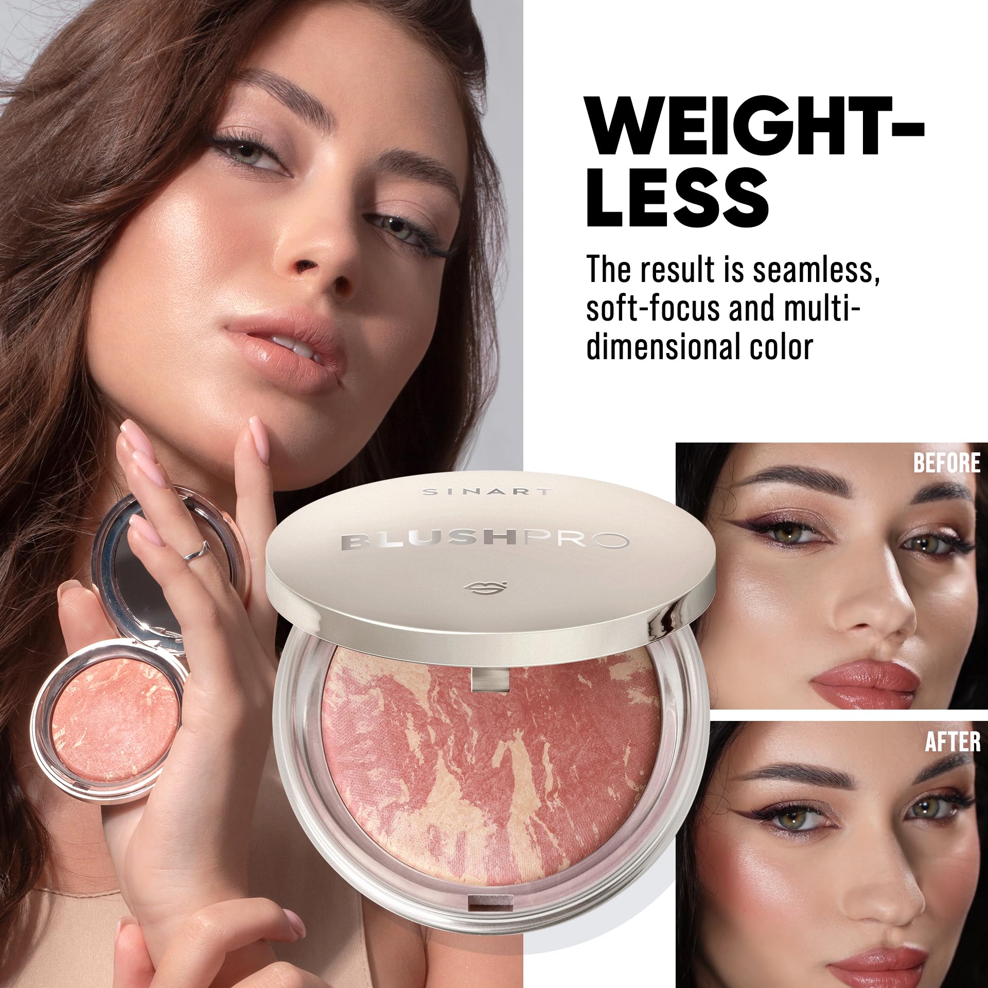 SINART Baked PRO Blush. Brighten Lighting Highly Glow Marbleized Blush. Lightweight Shimmery Satin Face Makeup. Cruelty-Free. Shape, Contour & Highlight Face (B2)