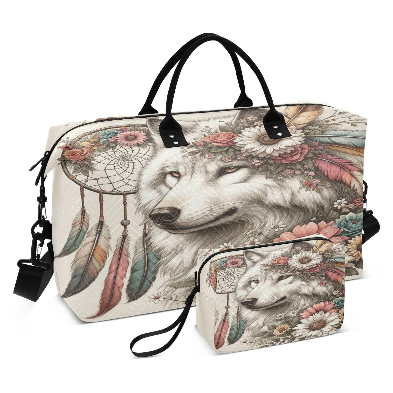 Wolf Travel Duffle Bag Gym Bag, Flower Dreamcatcher Wolf Weekender Bags for Women with Toiletry Bag Travel Tote Bag Swim Bag