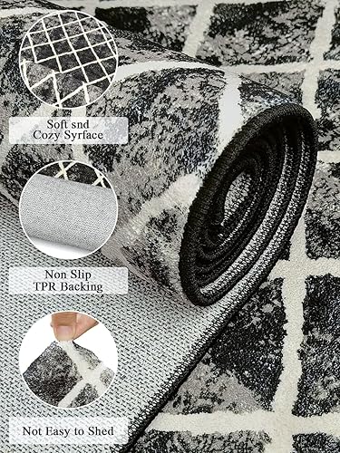 Miniatura 4 de Alfombra de pasillo de enrejado lavable  Alfombra de pasillo negra de 2 x 10 pies con respaldo de goma, envejecida moderna geométrica enrejado largo
