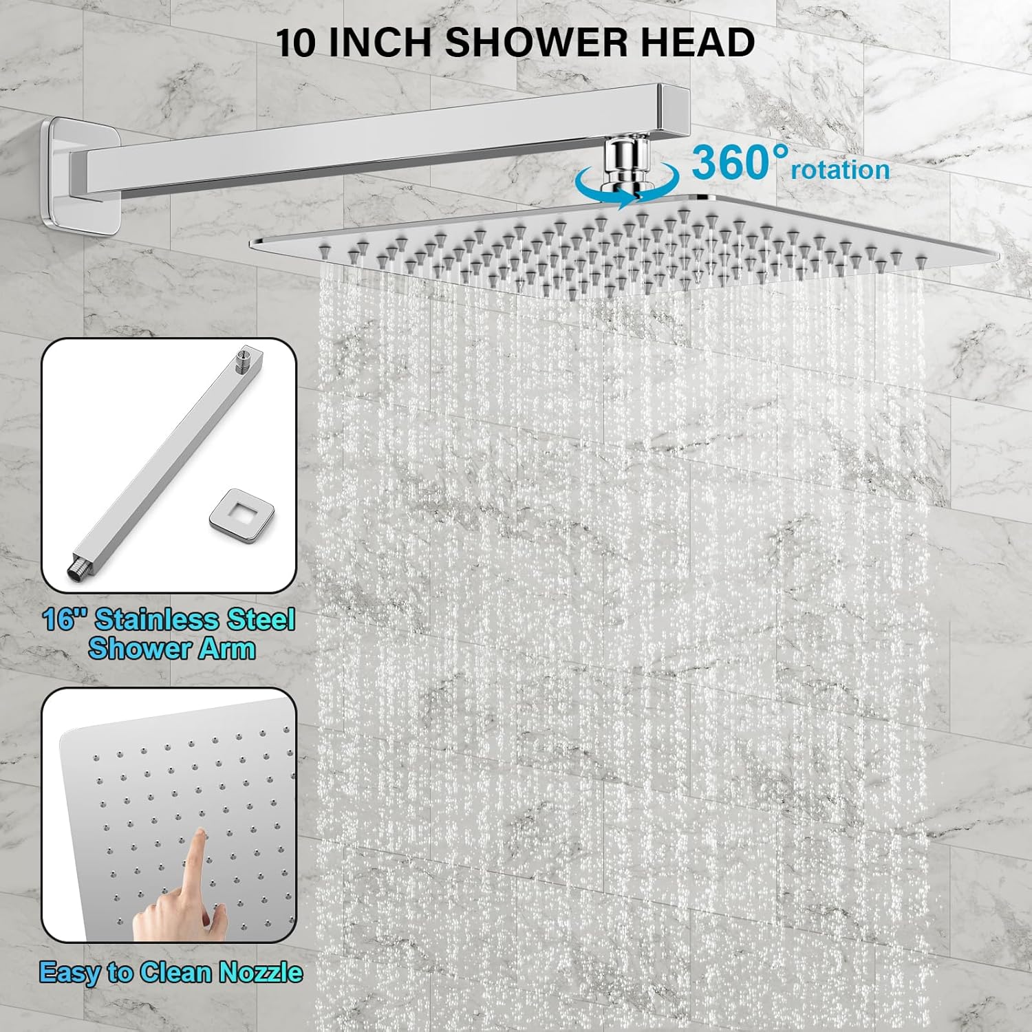 FPXRNG Shower Faucet Set Bathroom Square Rain Shower Head and Handle Set, Wall Mounted Shower Fixtures, Full Metal Trim Repair Kit 10 inch Polished Chrome (With Shower Valve)