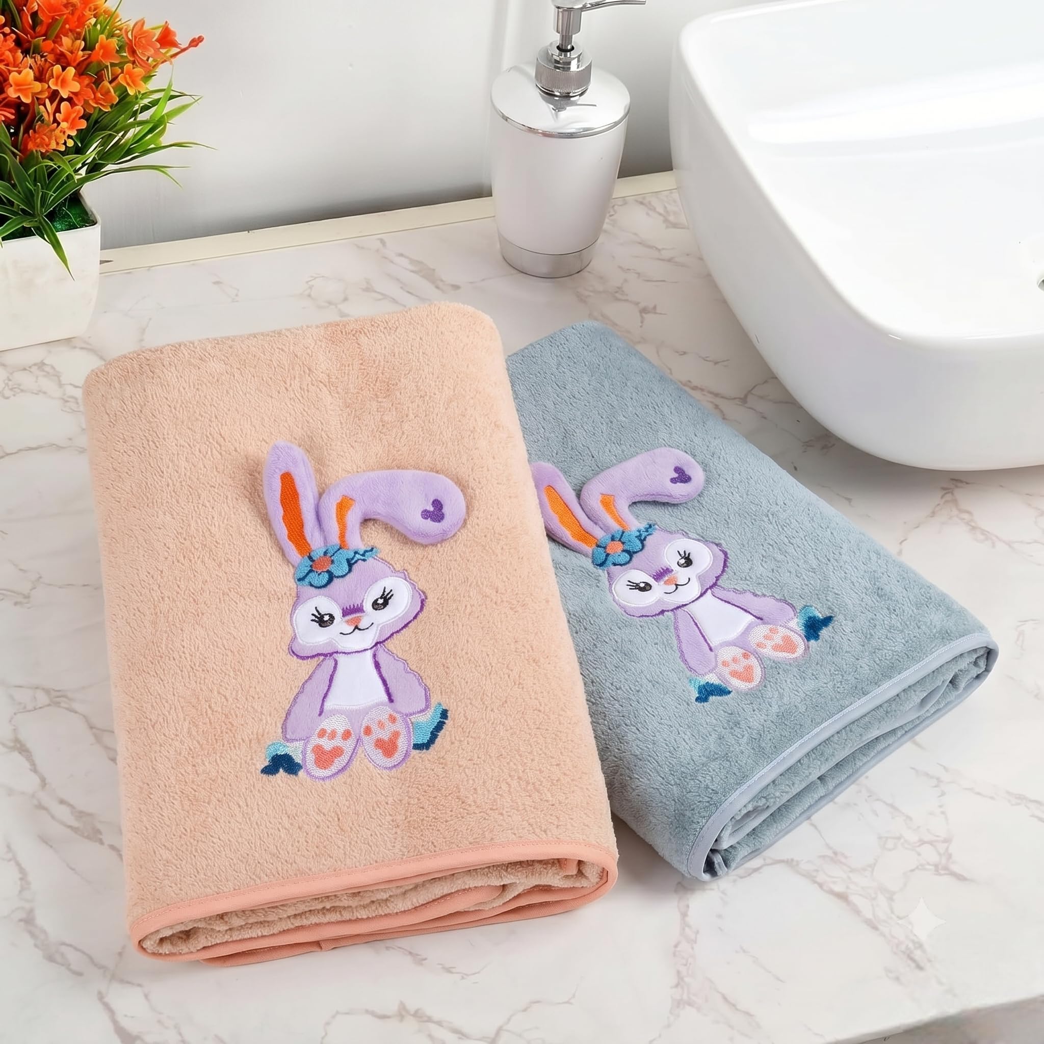 Pack of 2 Bunny Kids Bath Towel, Ultra Soft, Super Absorbent Micropolymide Towel for Baby Boys & Girls Daily use Premium Cartoon Print Towel for Home, Bath & Travel (Brown/Grey) 70x140 CM-image-24