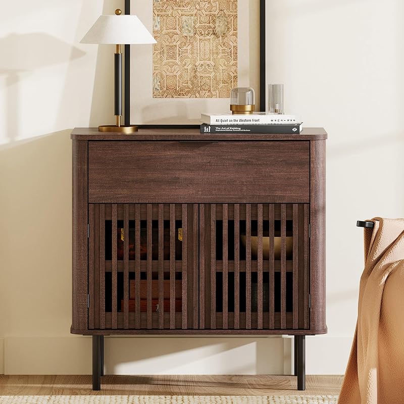 WAMPAT 31.5" Modern TV Stand for 43 Inch TV with 2 Doors and Drawer, Walnut image 3
