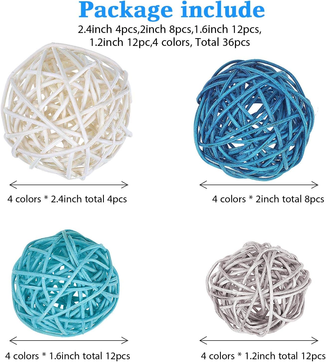Patelai 36 Pcs Wicker Rattan Balls Decorative Balls for Vase Centerpiece Bowls Orbs Filler for Home Decor,4 Sizes(Dark Blue, Sky Blue, Gray, White) Dark Blue, Sky Blue, Gray, White 2.4'',2'',1.6'',1.2''