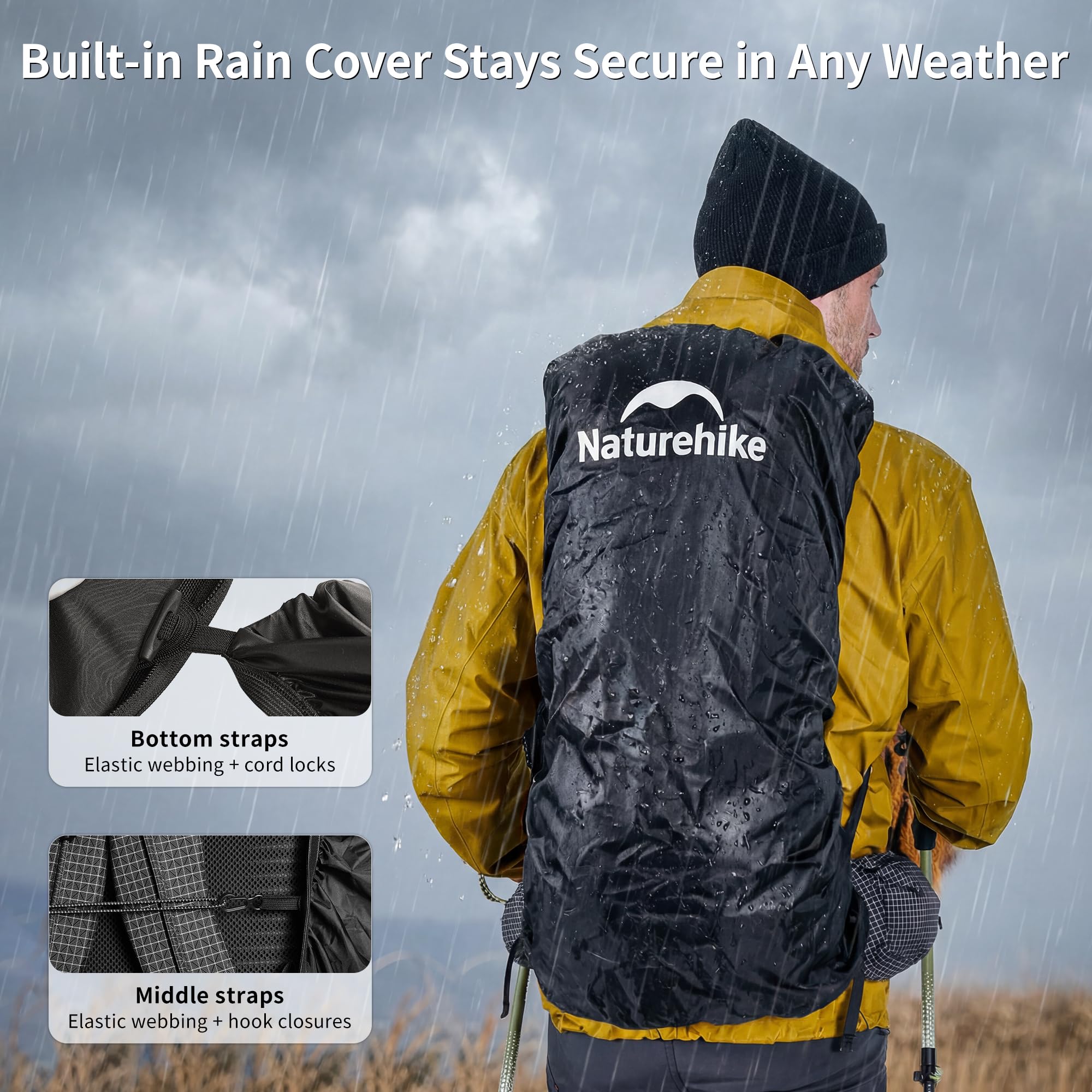 Naturehike Rock 2.0 aggiornato 30/45/60 l zaino interno telaio zaino da trekking uomo donna con copertura impermeabile zaini da escursionismo per campeggio all'aperto viaggi backpacking, Nero, 45l/M