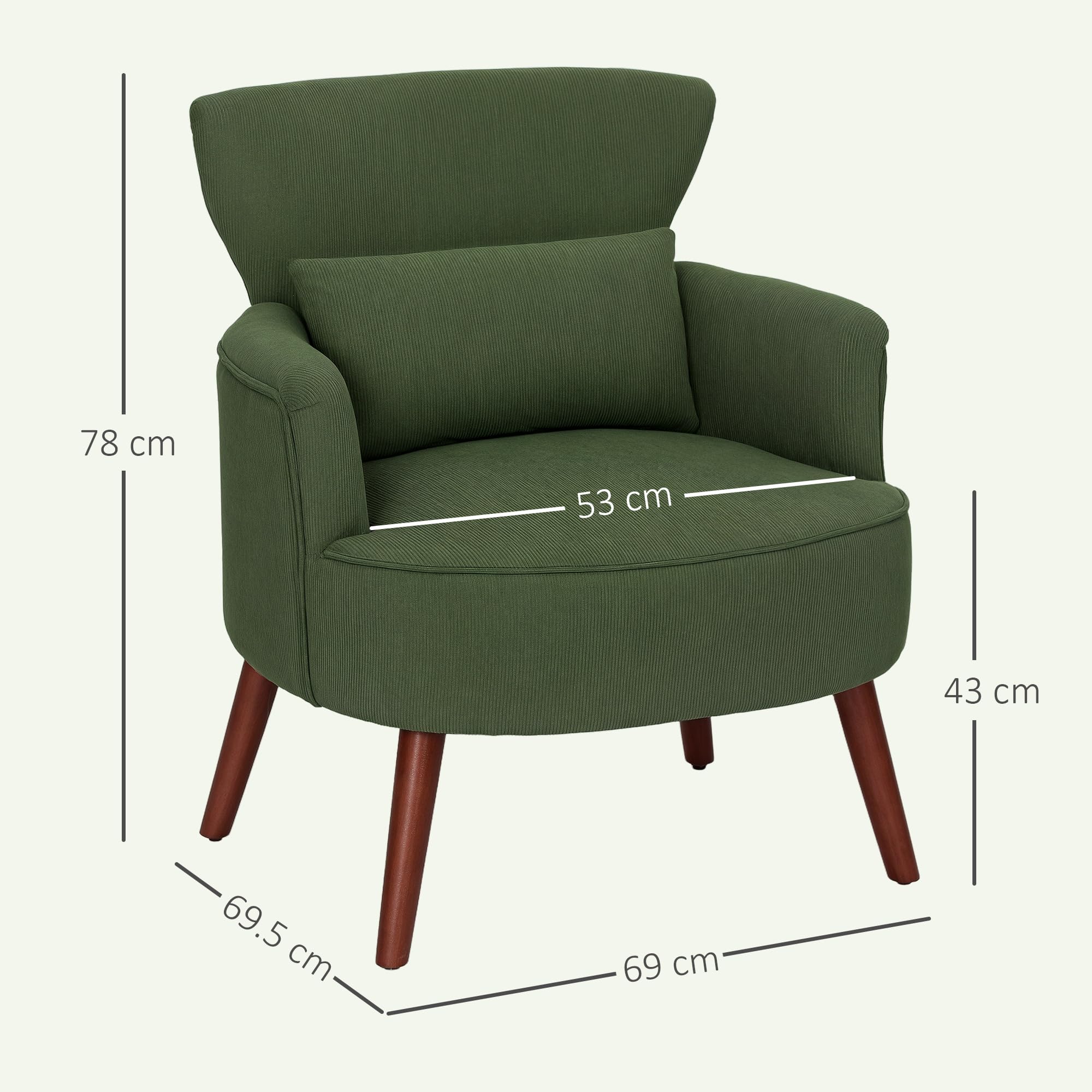 HOMCOM Poltrona Moderna Imbottita con Cuscino Lombare e Sedile Spesso, Poltrona in Velluto con Schienale e Gambe in Legno di Gomma per Salotto e Camera da Letto, Verde