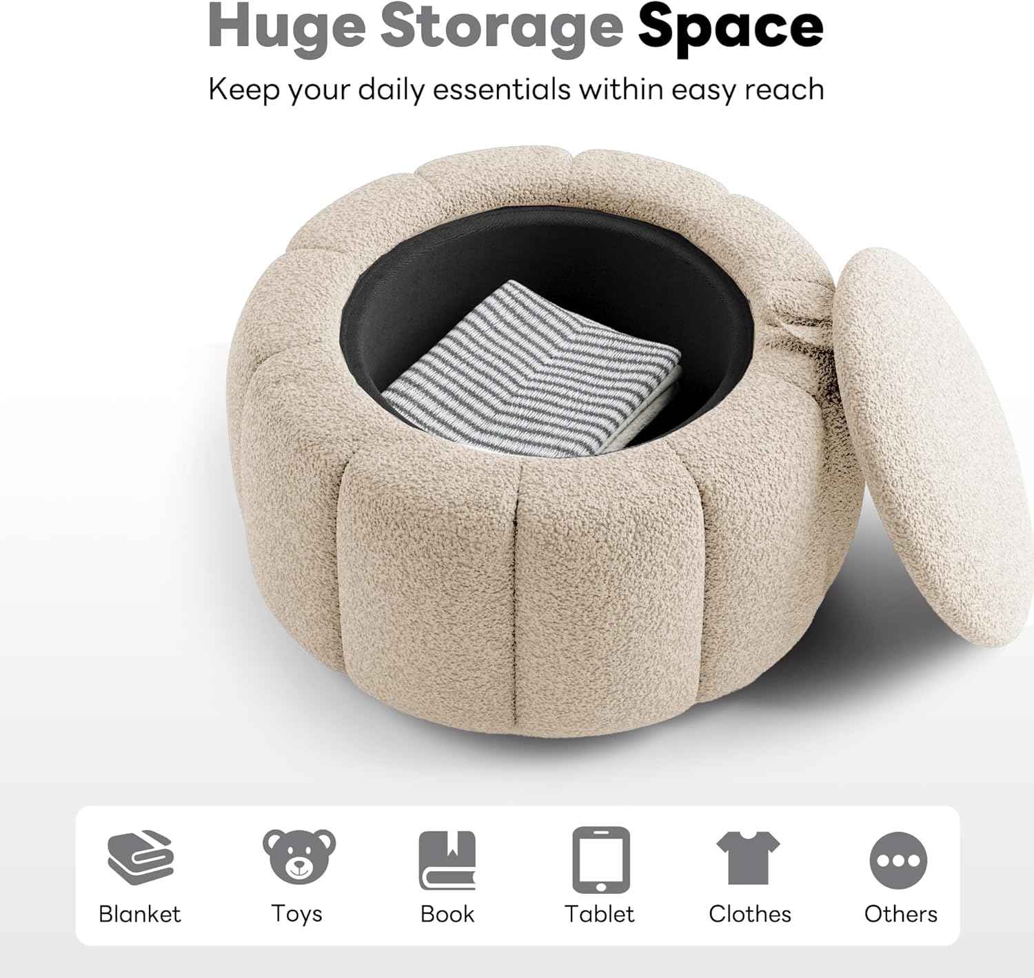 Tbfit Round Storage Ottoman - No Assembly Required, Storage & Sturdy Structure Multi-Functional Seat/Footrest for Living Room, Bedroom & Kids Room Soft Fabric for Family Home Use, White
